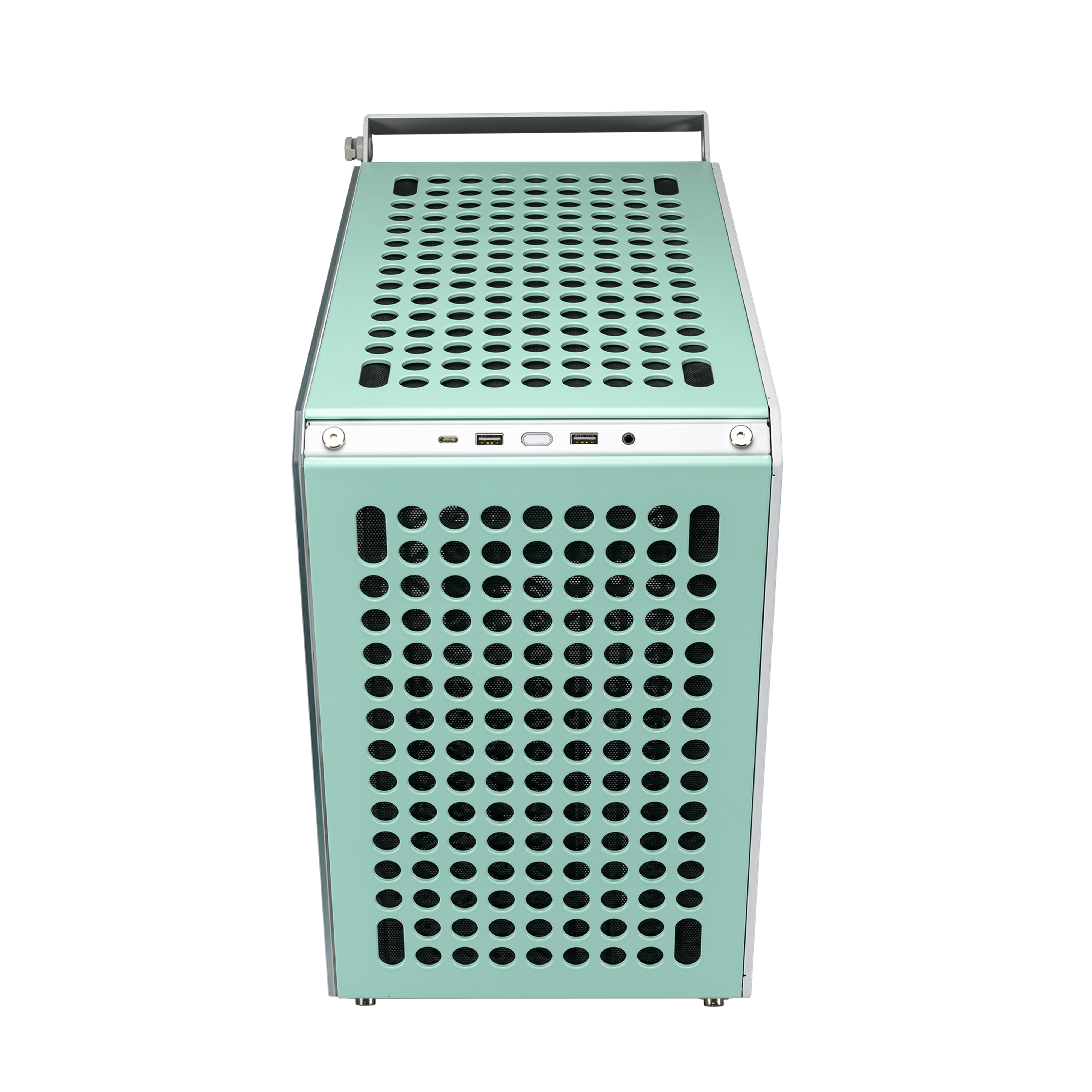 Case PC verde menta, vista dall'alto. Presenta un pannello superiore perforato per il flusso d'aria.