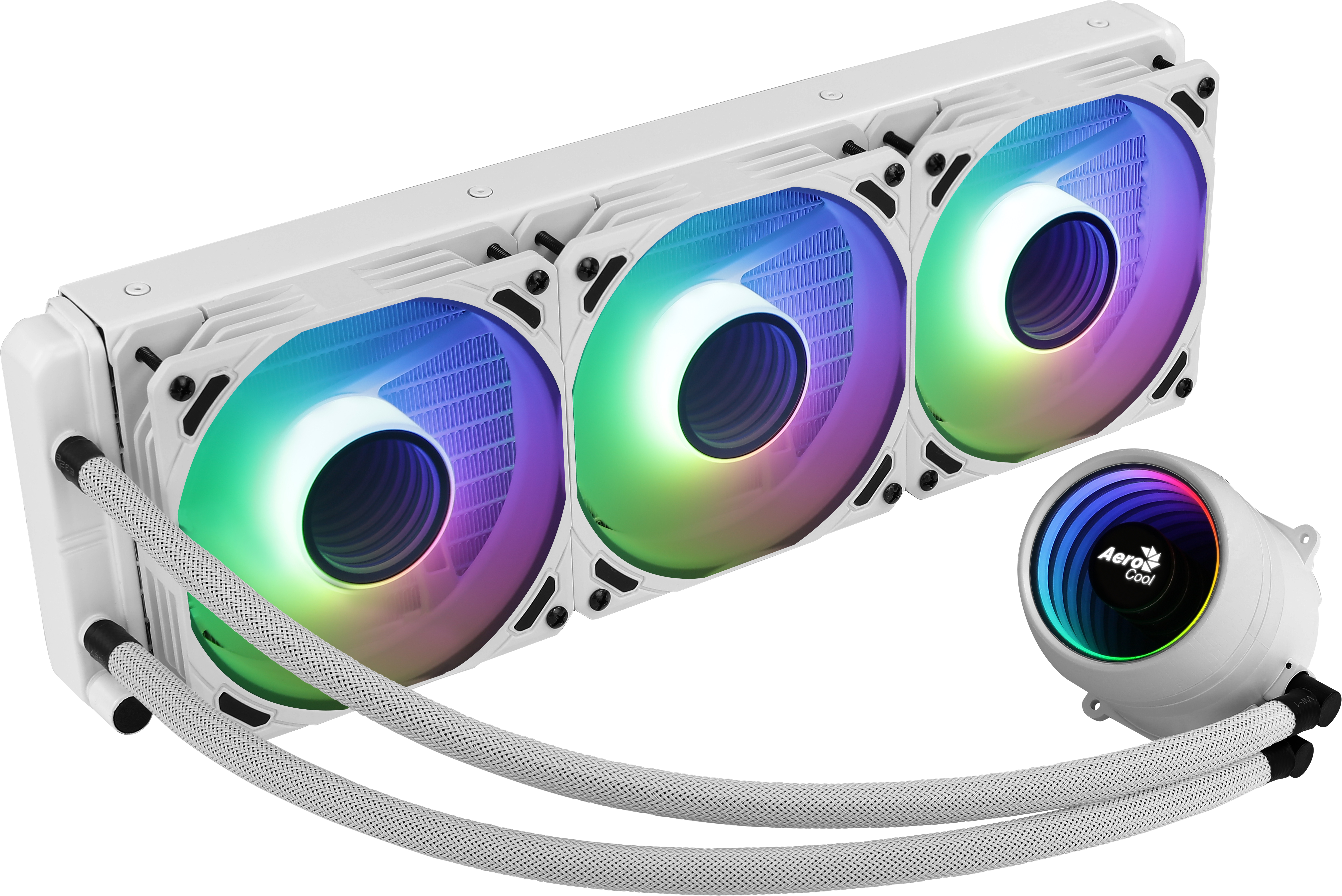 Dissipatore ad acqua per computer bianco con tre ventole RGB. Ha due tubi flessibili e una piccola pompa.
