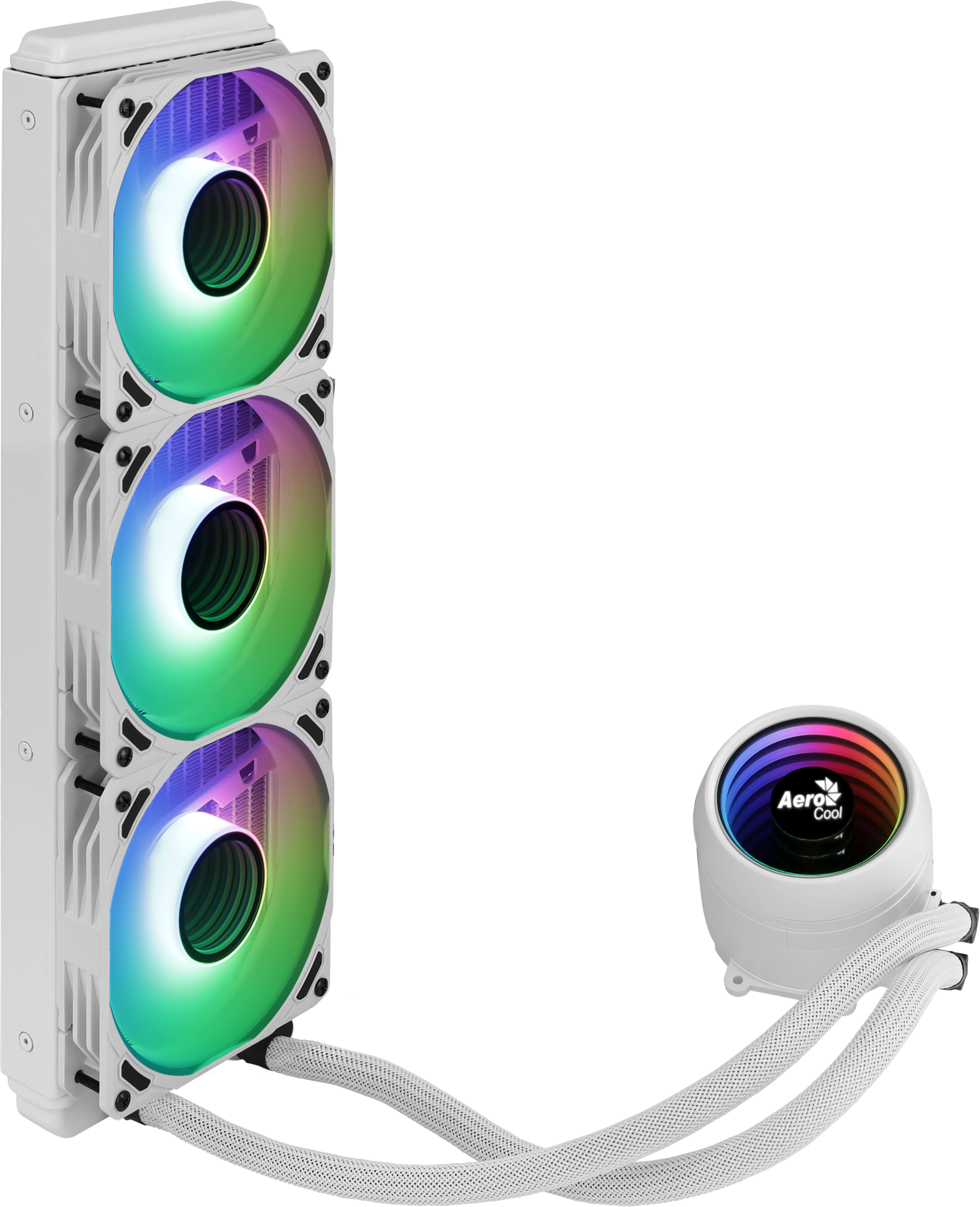 Un sistema di raffreddamento a liquido bianco con tre ventole colorate e una pompa. Ha tubi che collegano le parti.