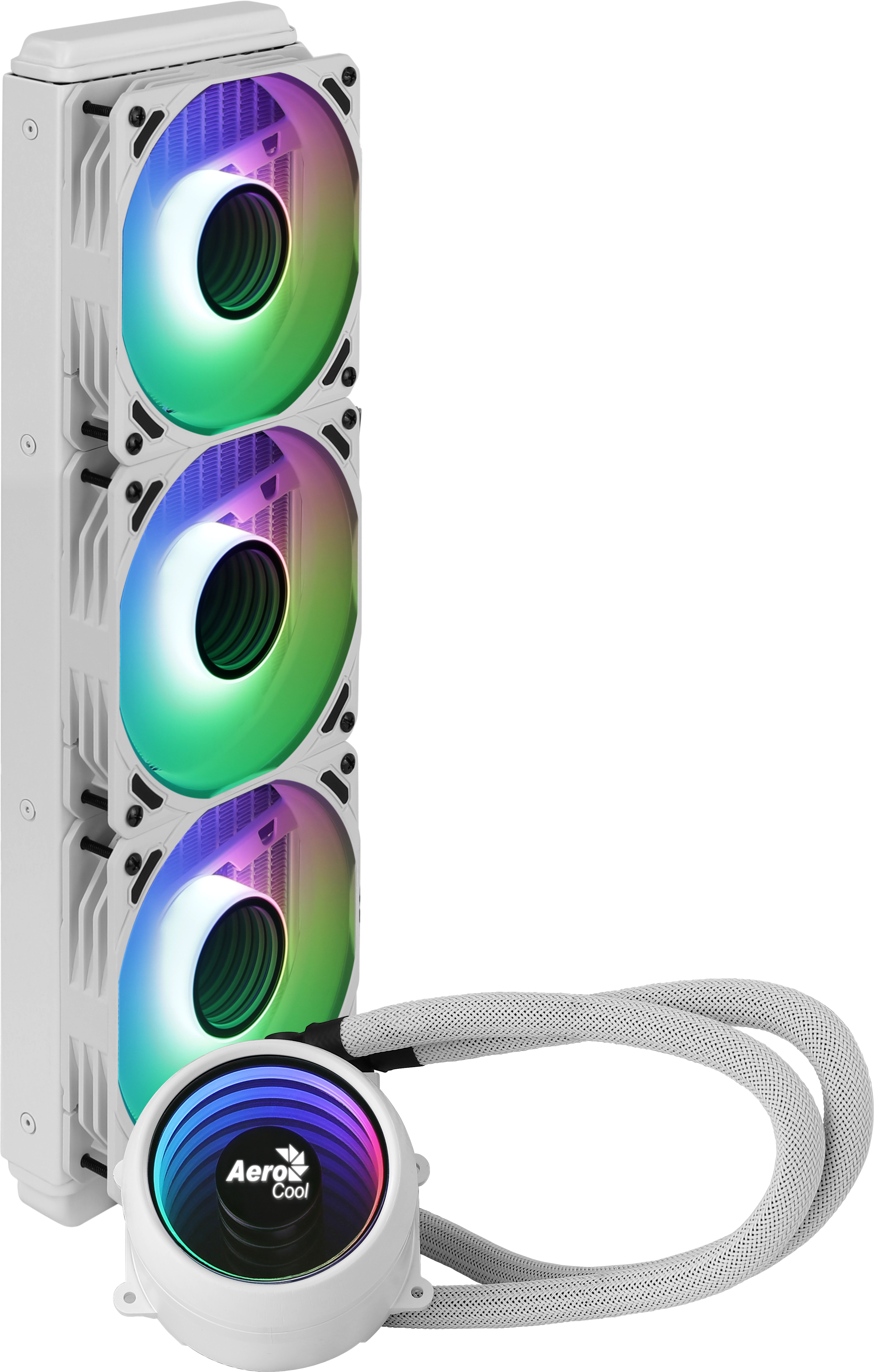 Dissipatore CPU bianco con tre ventole e illuminazione RGB. Logo Aerocool sulla pompa.