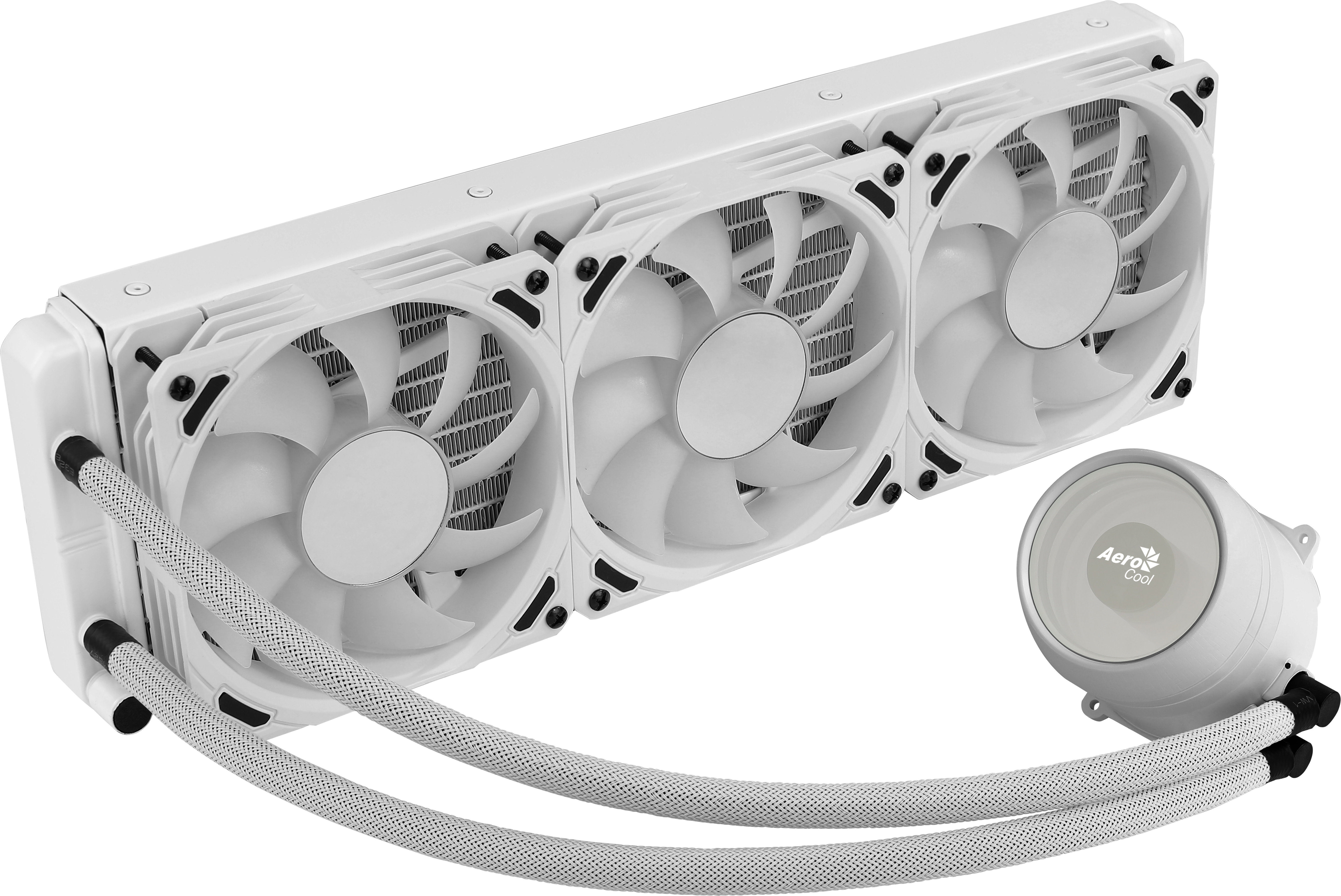 Dissipatore a liquido per computer bianco con tre ventole, tubi e una testa della pompa circolare.
