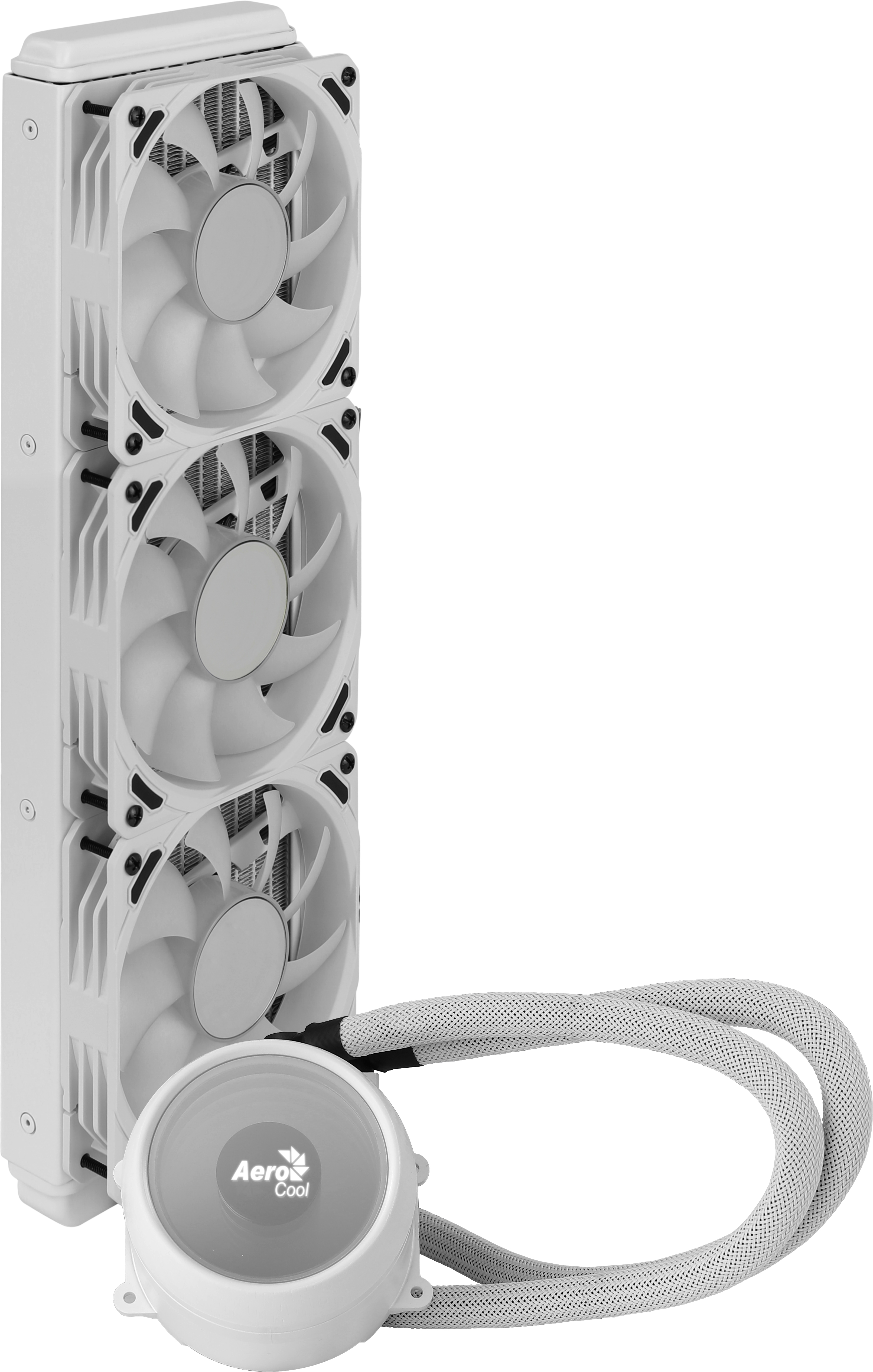 Dissipatore a liquido bianco con tre ventole e una pompa circolare.