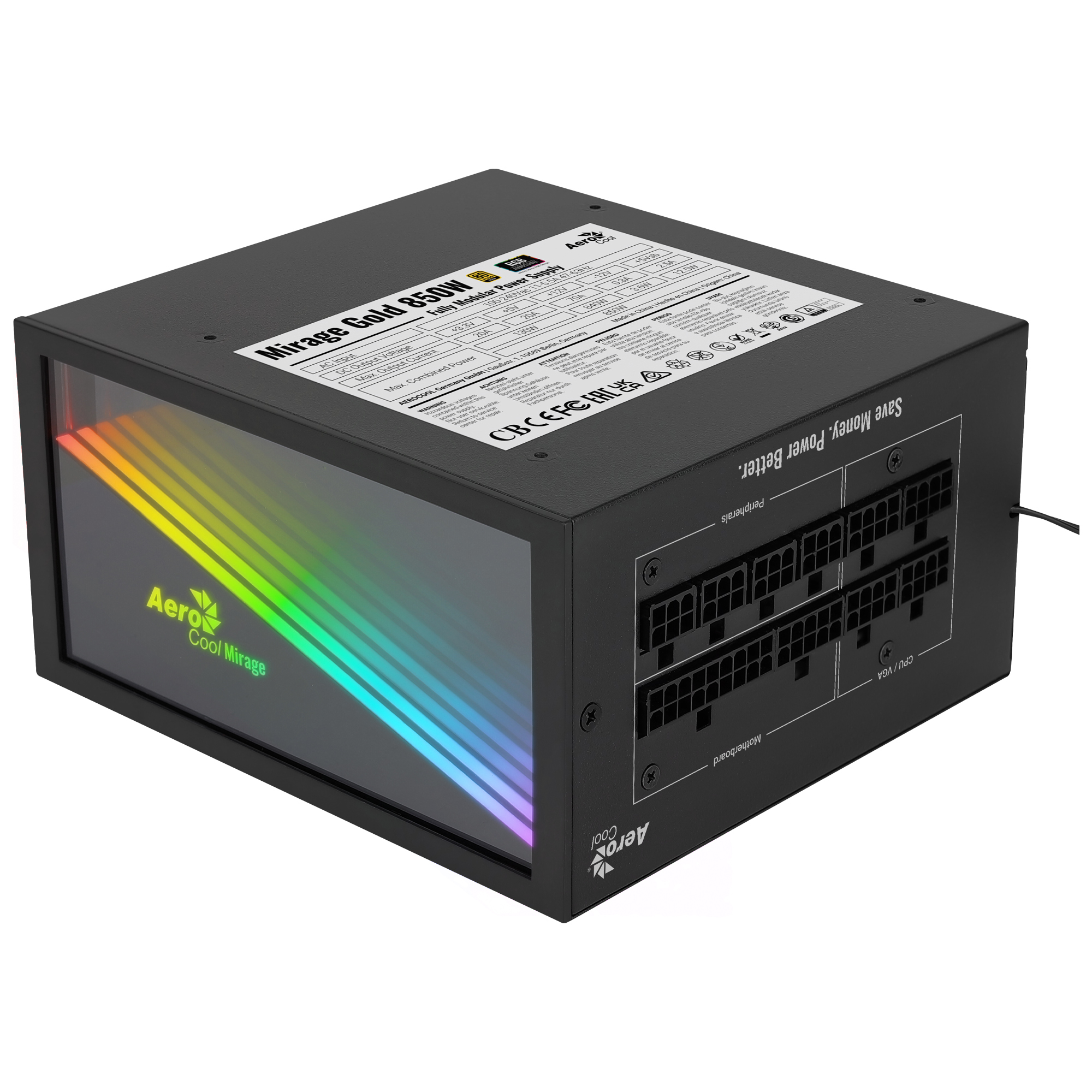 Un alimentatore nero con un pannello luminoso colorato.