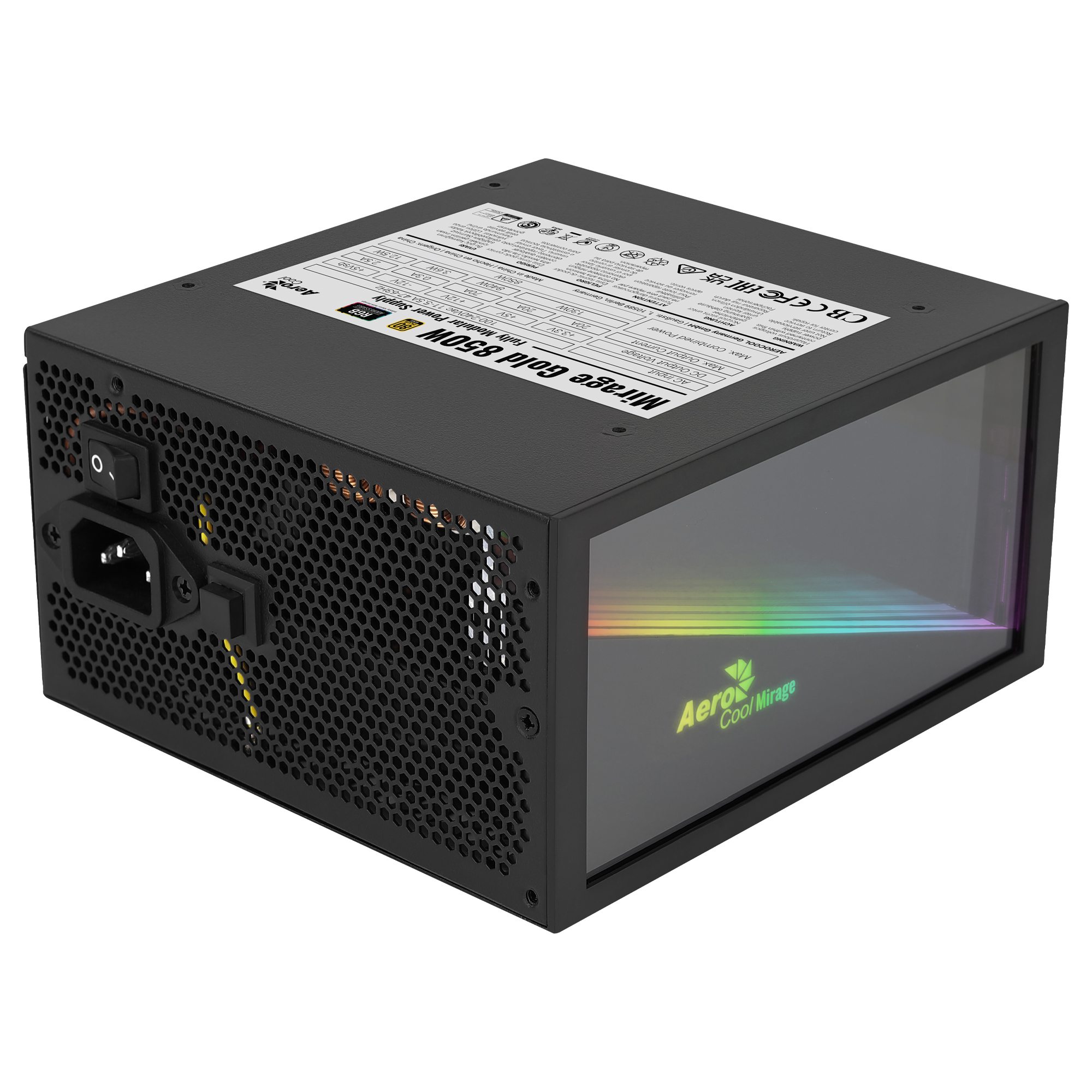 Alimentatore per computer nero con lato a rete e frontale in vetro.