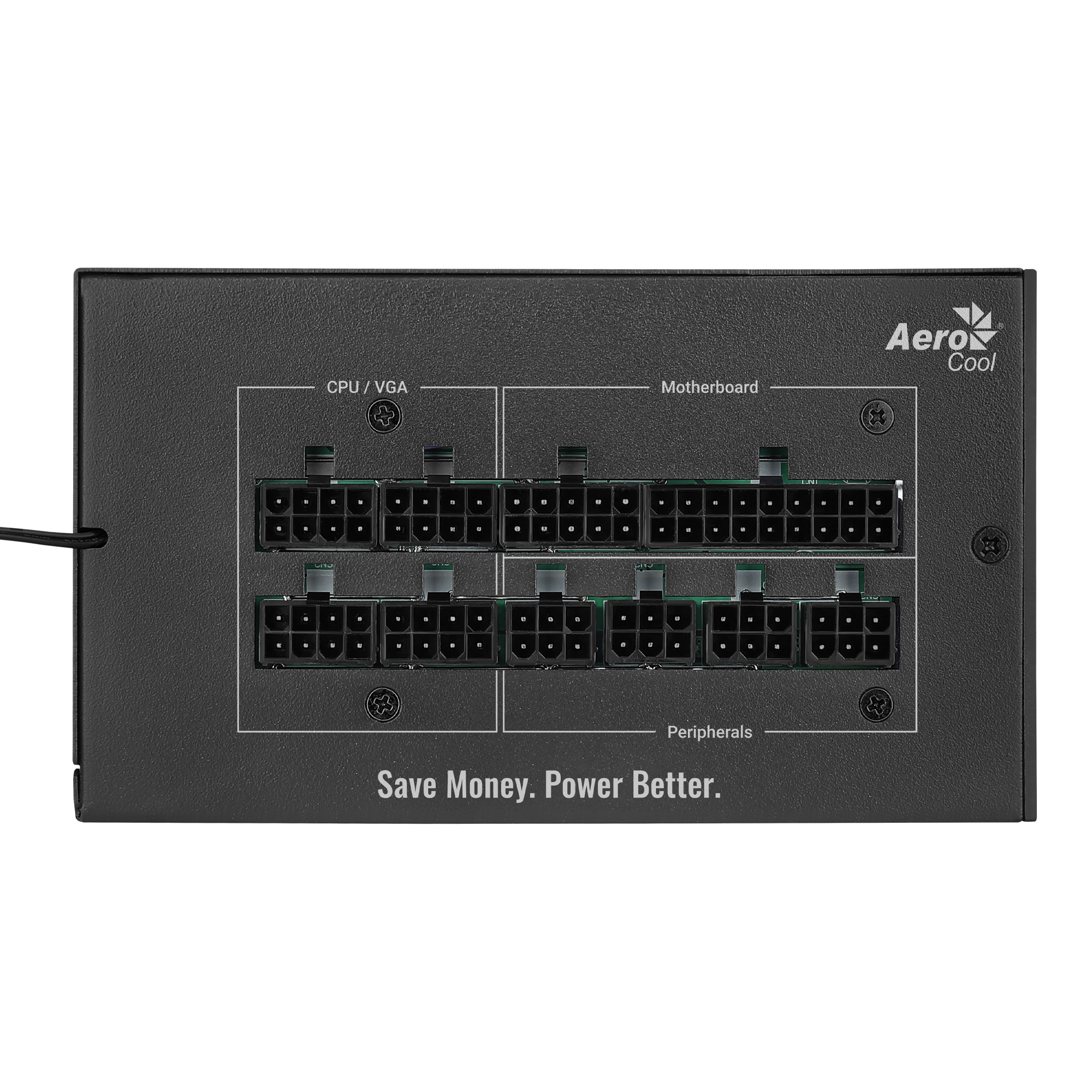 Alimentatore nero con più porte etichettate per CPU/VGA, scheda madre e periferiche.
