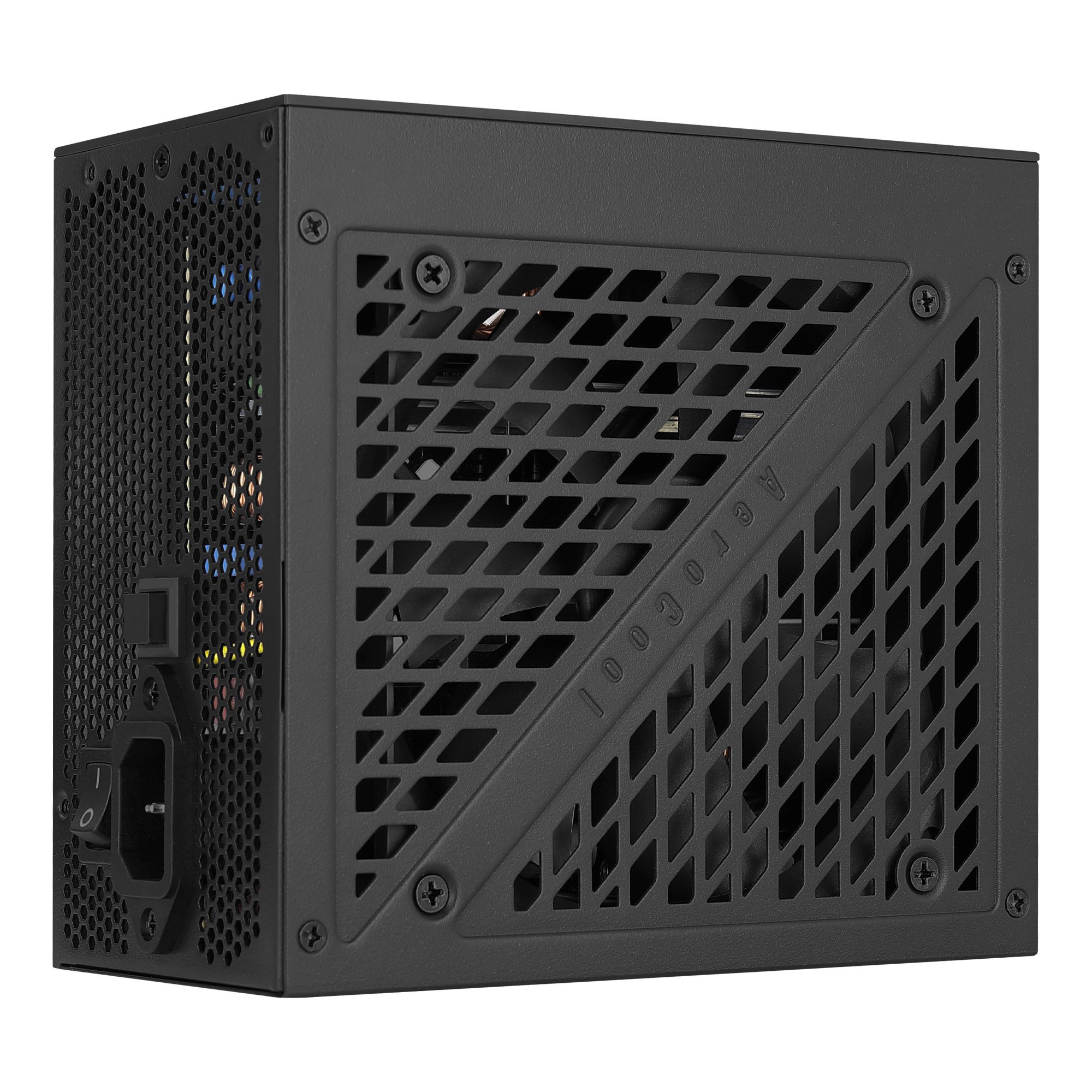 Alimentatore per computer nero con griglia a rete e logo Aerocool.