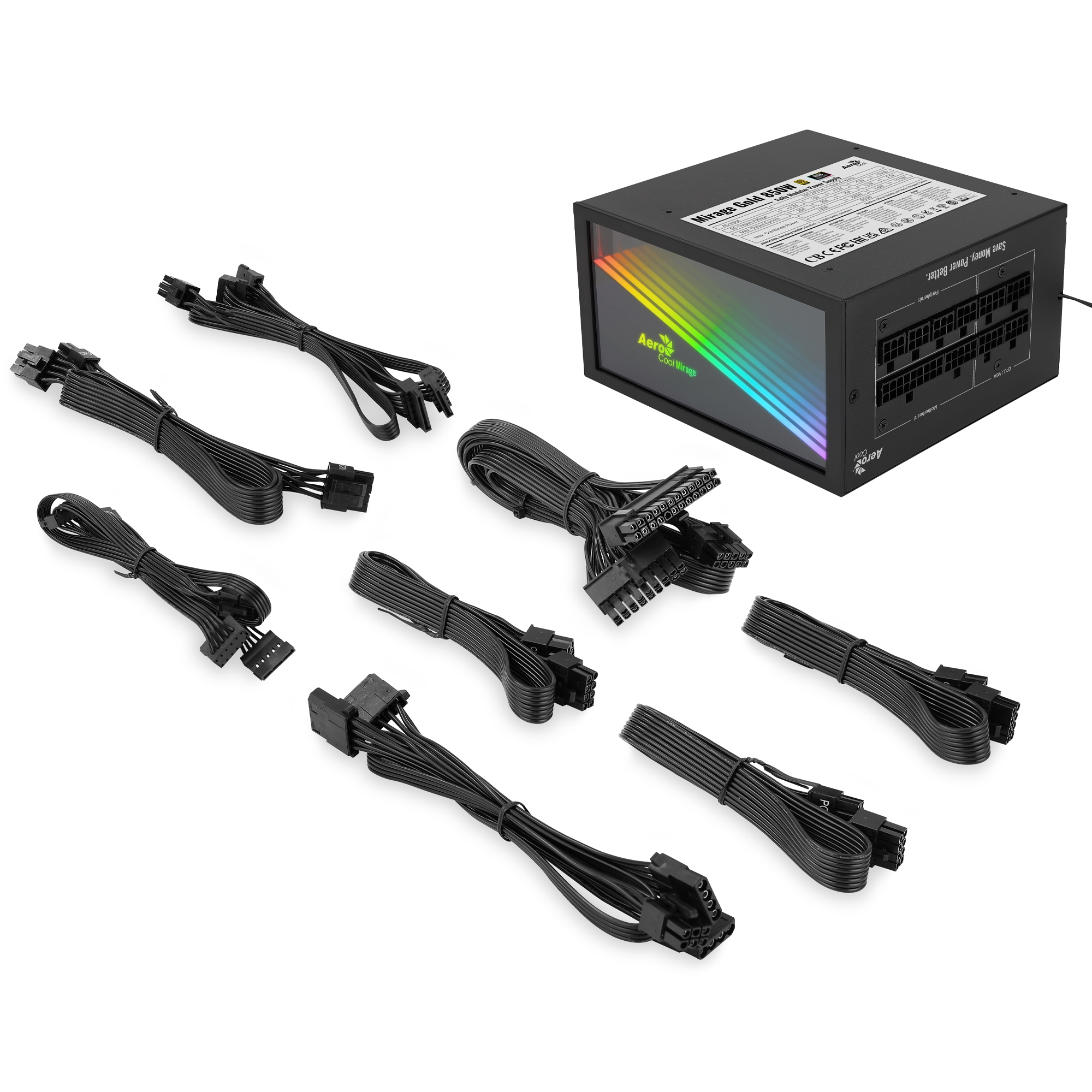 Alimentatore nero con cavi. Luce arcobaleno sul lato.