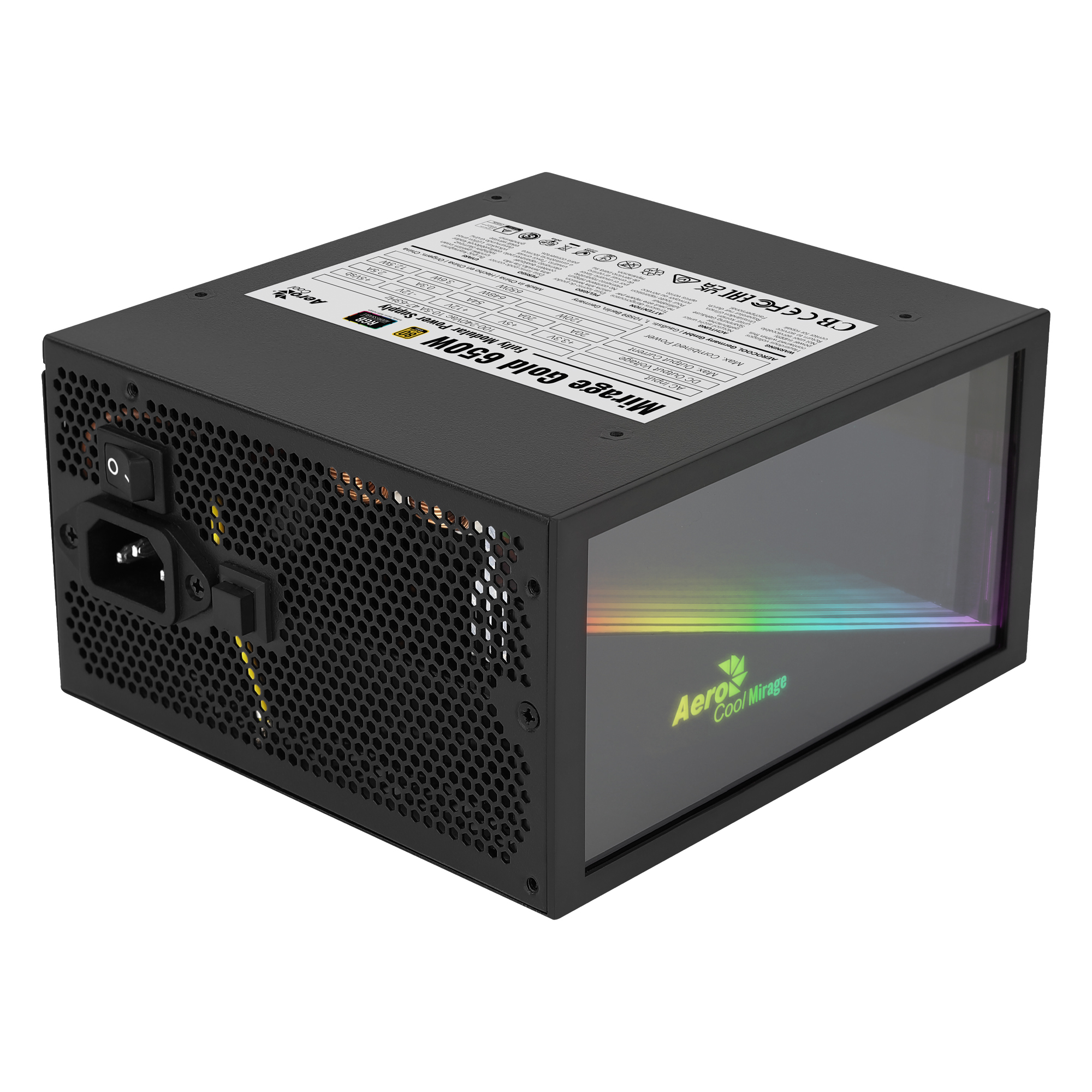 Alimentatore per computer nero con un lato trasparente e un lato perforato.