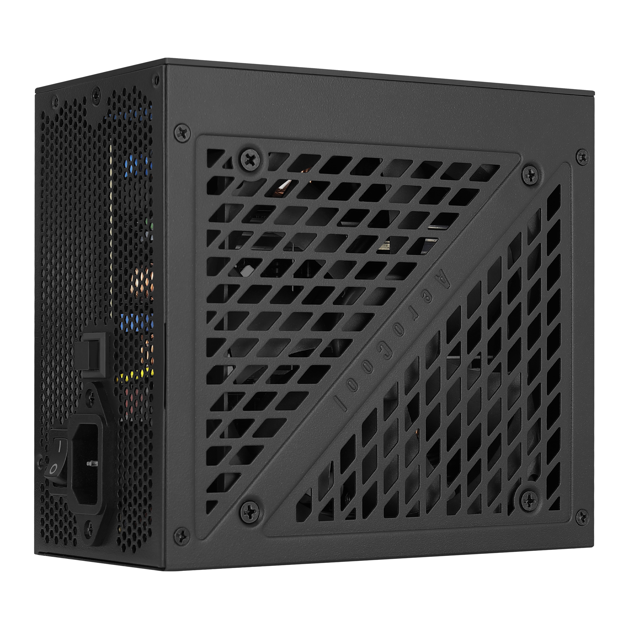 Alimentatore nero con un lato perforato e il logo AeroCool.