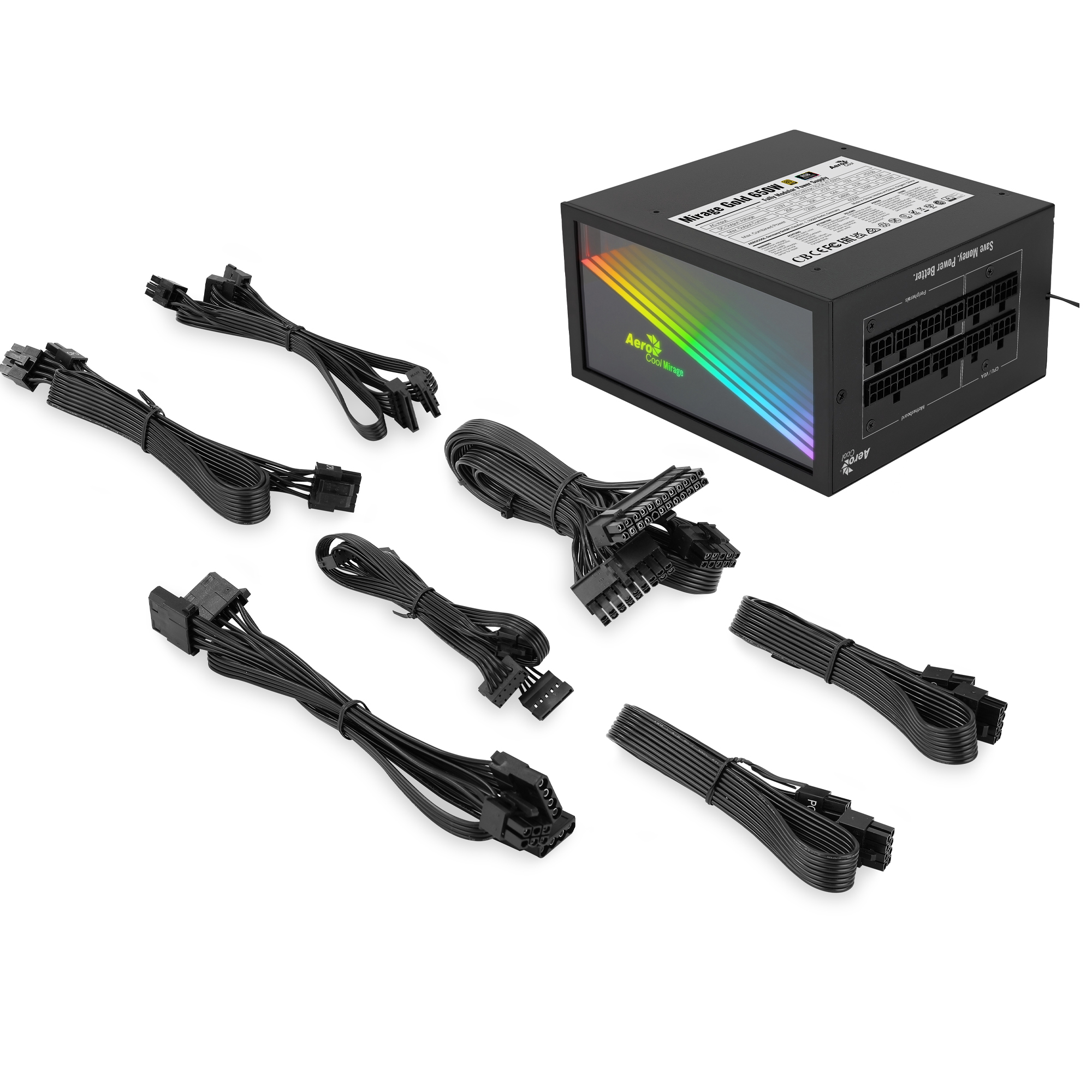 Alimentatore con cavi, nero con logo AeroCool e vari connettori.