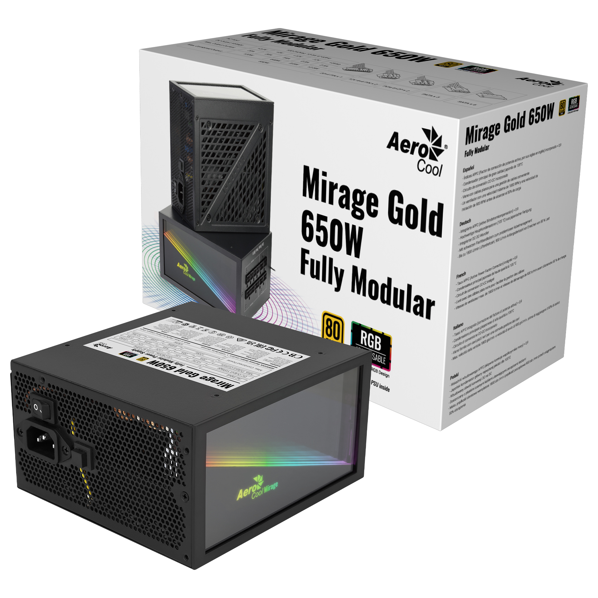 Alimentatore in scatola, nero con logo AeroCool, vista laterale dell'alimentatore.