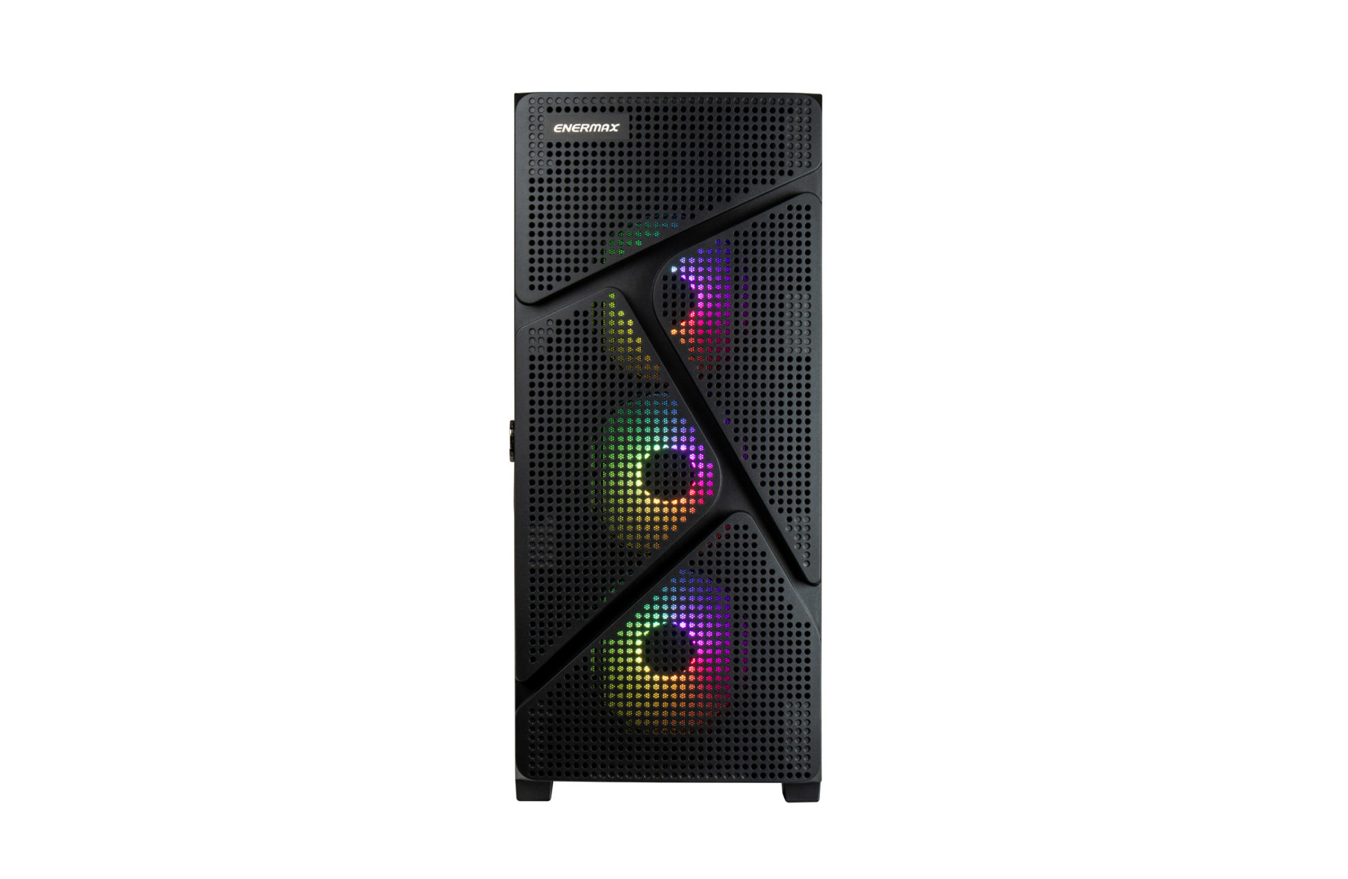 Case per computer nero con ventole RGB, frontale a rete e design moderno.