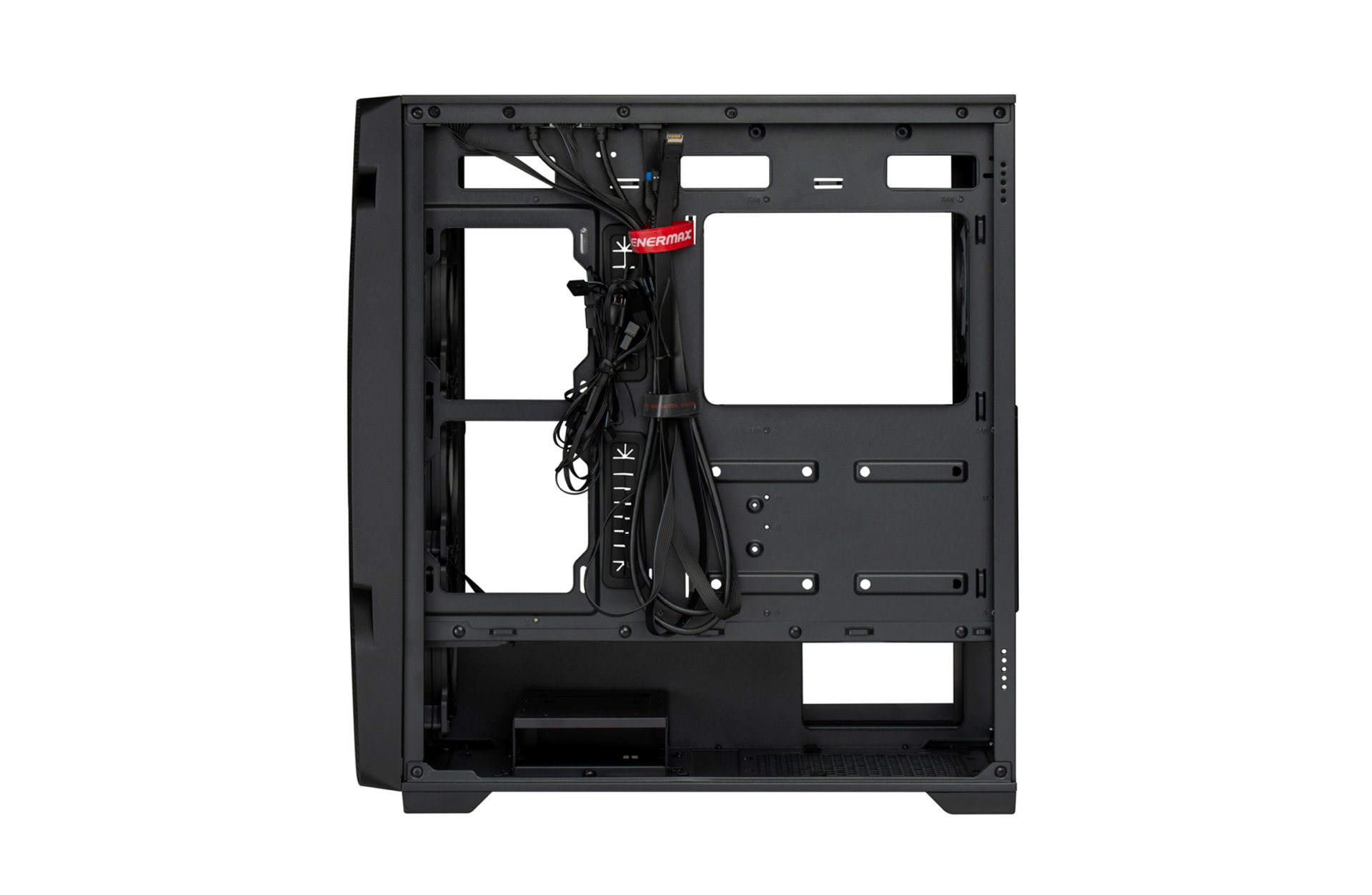 Vista posteriore di un case per computer nero, che mostra la struttura interna, il cablaggio e il vano dell'alimentatore.
