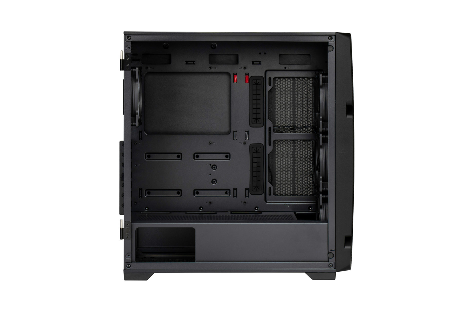 All'interno di un case di computer nero con ventole e sezioni aperte.