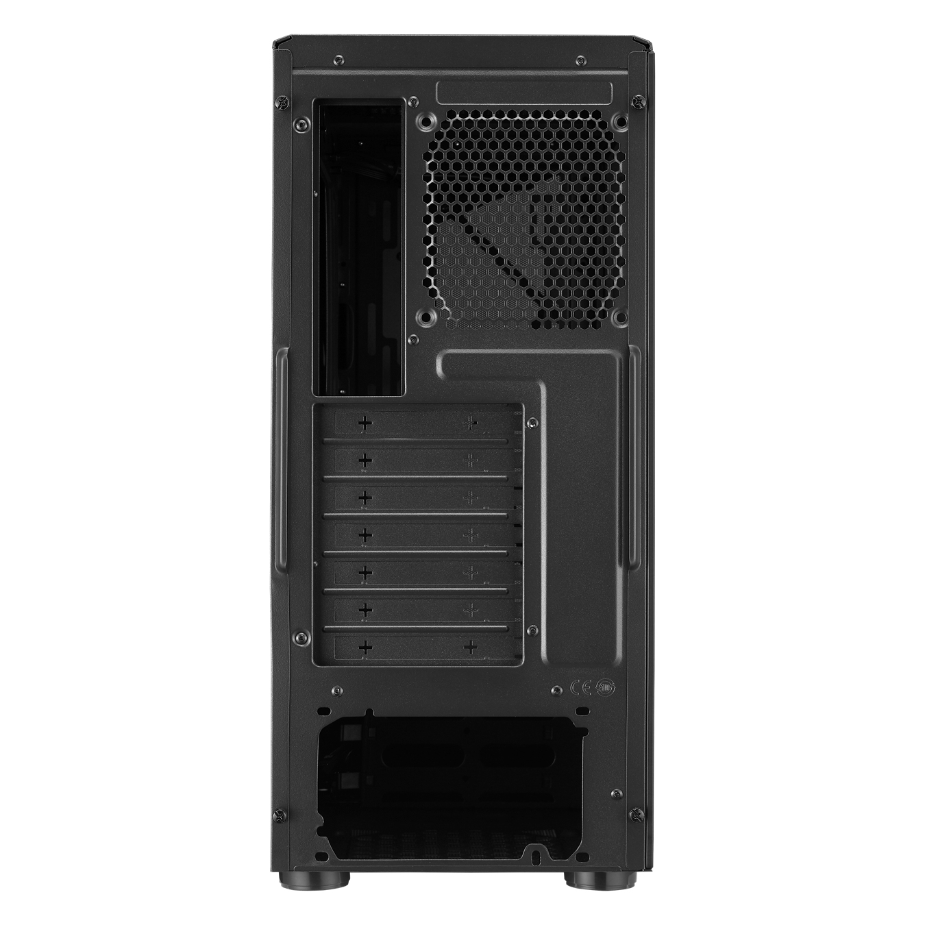 Retro di un case per computer nero, che mostra il pannello posteriore e la struttura interna. Su una superficie bianca.