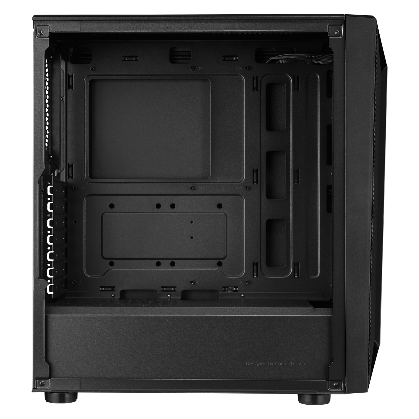 Interno del case PC nero. Mostra la struttura interna, progettata da Cooler Master. Vuoto.
