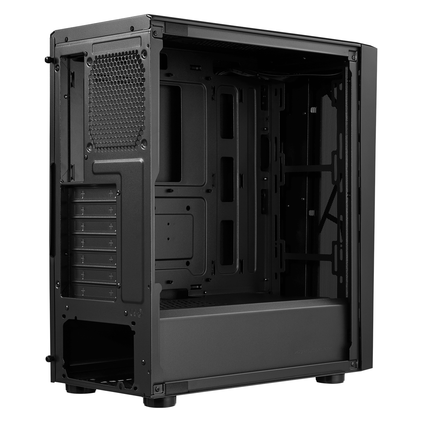 Interno del case per computer nero, vuoto, che mostra la struttura interna del telaio, con un pannello laterale in vetro.