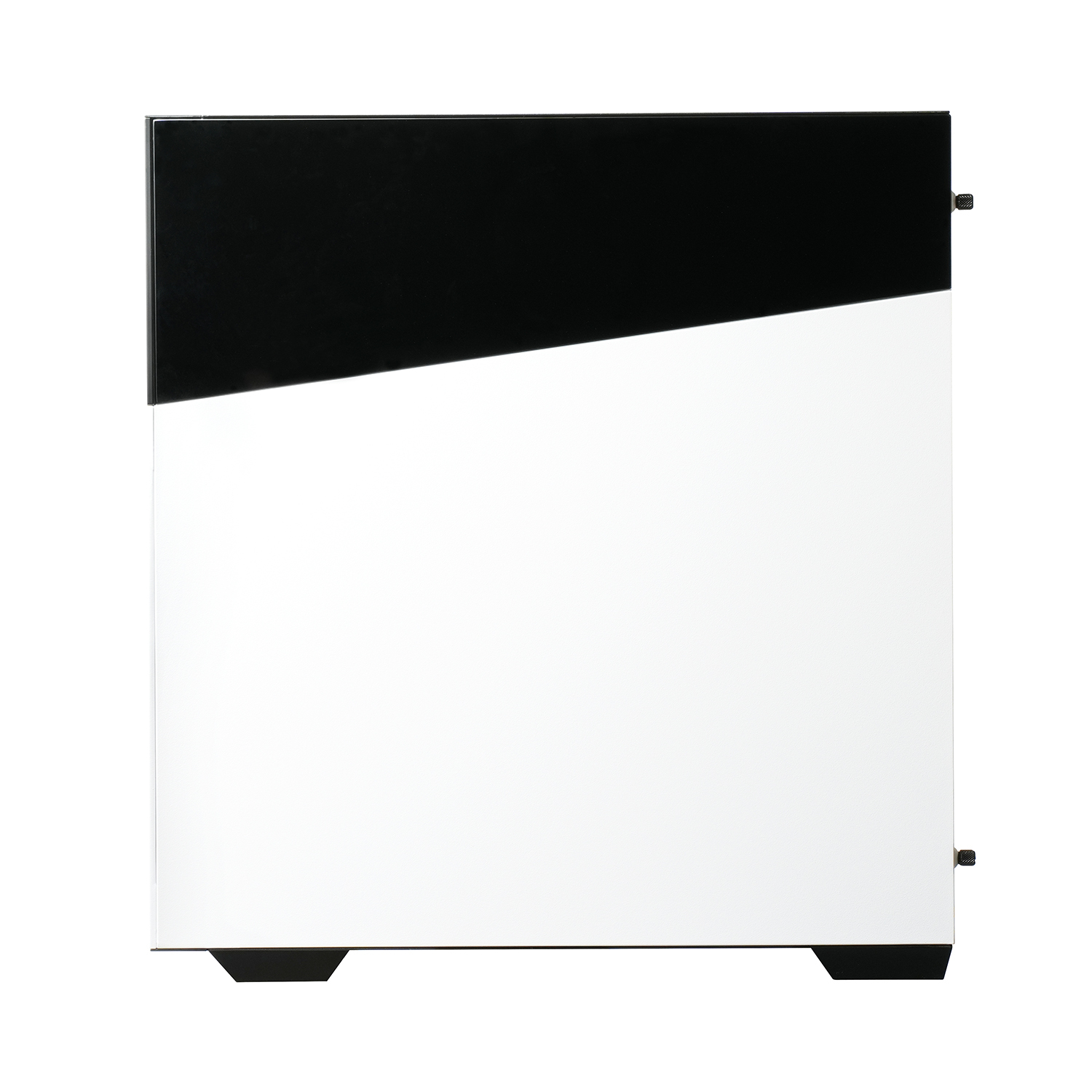 Widok z boku obudowy komputera, biało-czarny. Przedni panel jest biały, ukośny design.