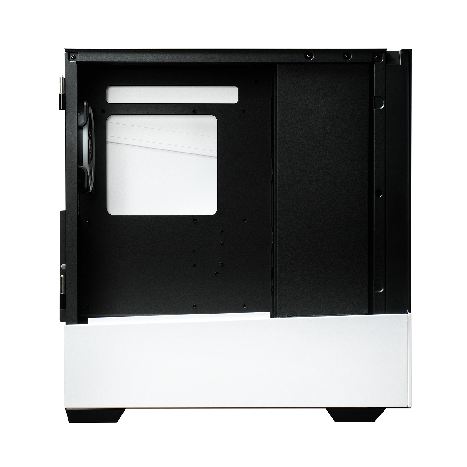 Wnętrze białej i czarnej obudowy komputera, pokazujące układ wewnętrzny z wentylatorem i otwartą przestrzenią.