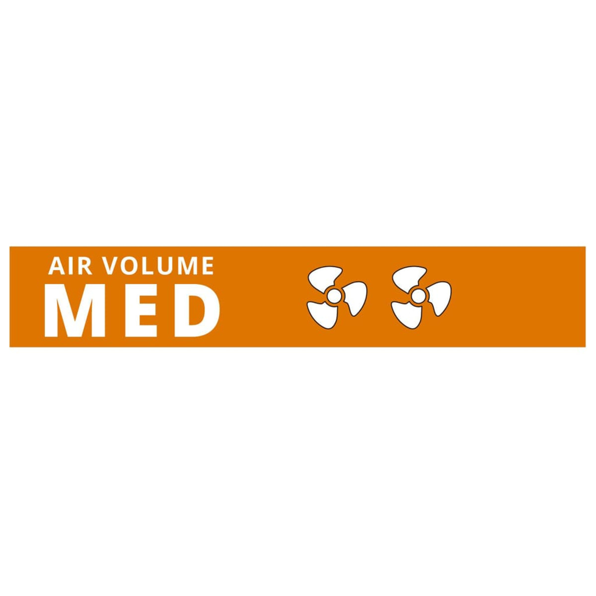 Pomarańczowy baner ze słowami „AIR VOLUME MED” i dwoma ikonami wentylatorów.