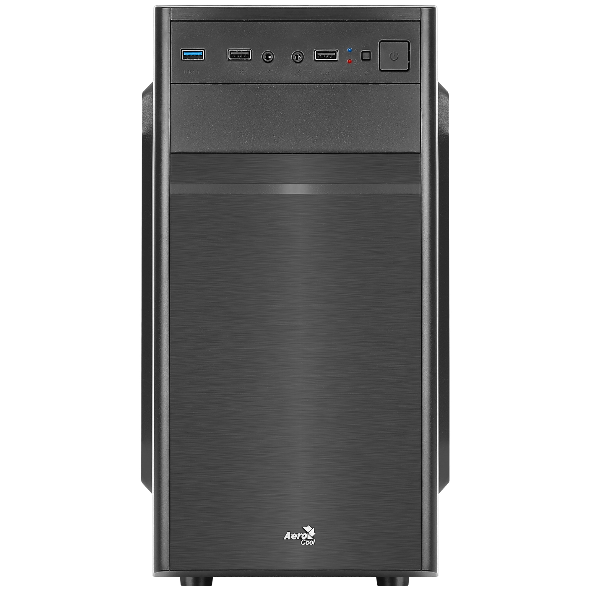 Schwarzes Computergehäuse, Frontansicht. Zeigt Anschlüsse, Ein/Aus-Taste und strukturierte Front.