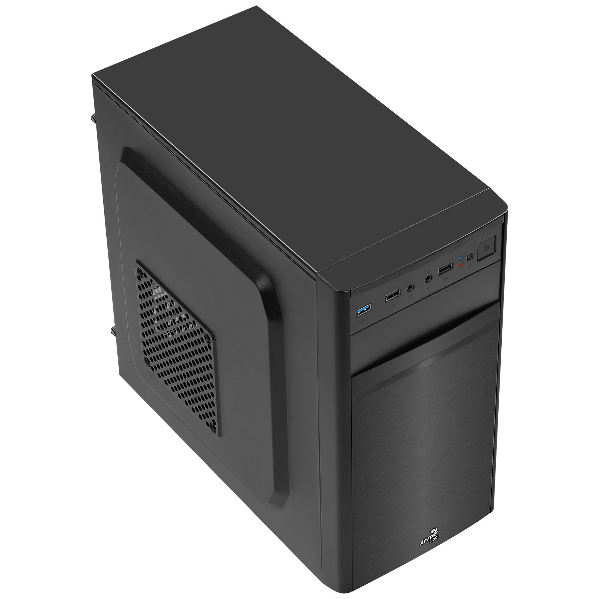 Computergehäuse, Draufsicht. Schwarzes Gehäuse mit USB-Anschlüssen und gebürsteter Metallfront.