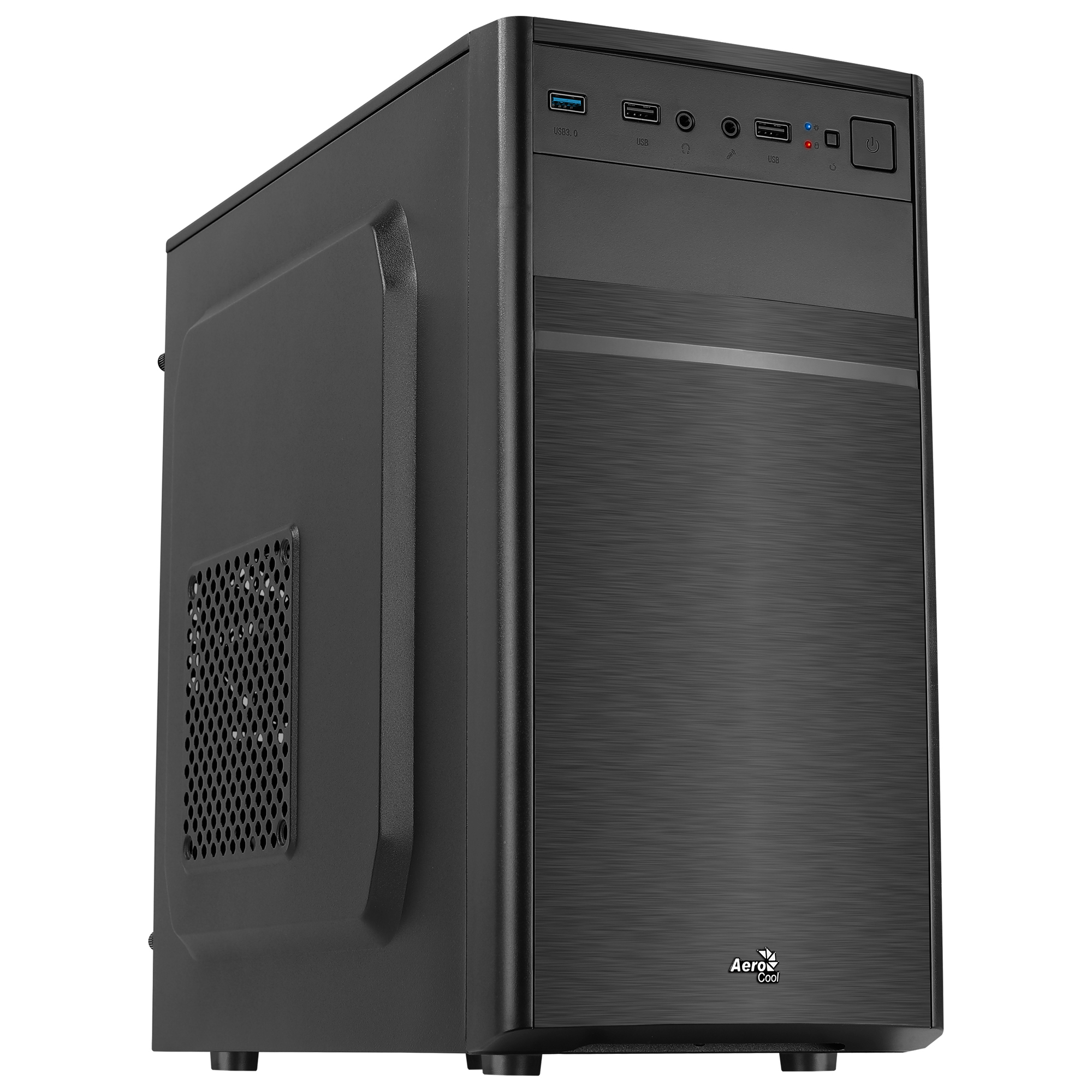 Schwarzes Computergehäuse, Seitenansicht, mit strukturierter Frontplatte, verschiedenen Anschlüssen, AeroCool-Marke sichtbar.