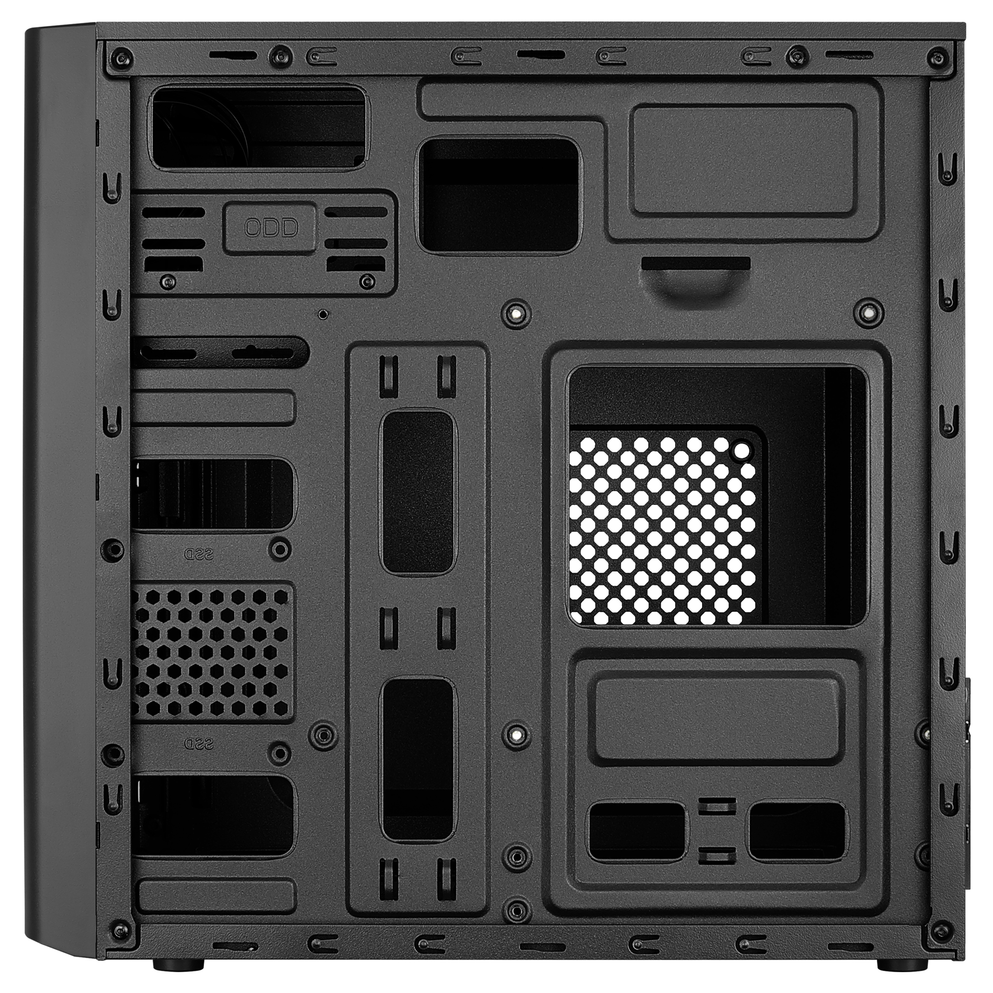 Innenseite eines schwarzen PC-Gehäuses. Zeigt verschiedene Befestigungspunkte und Öffnungen.
