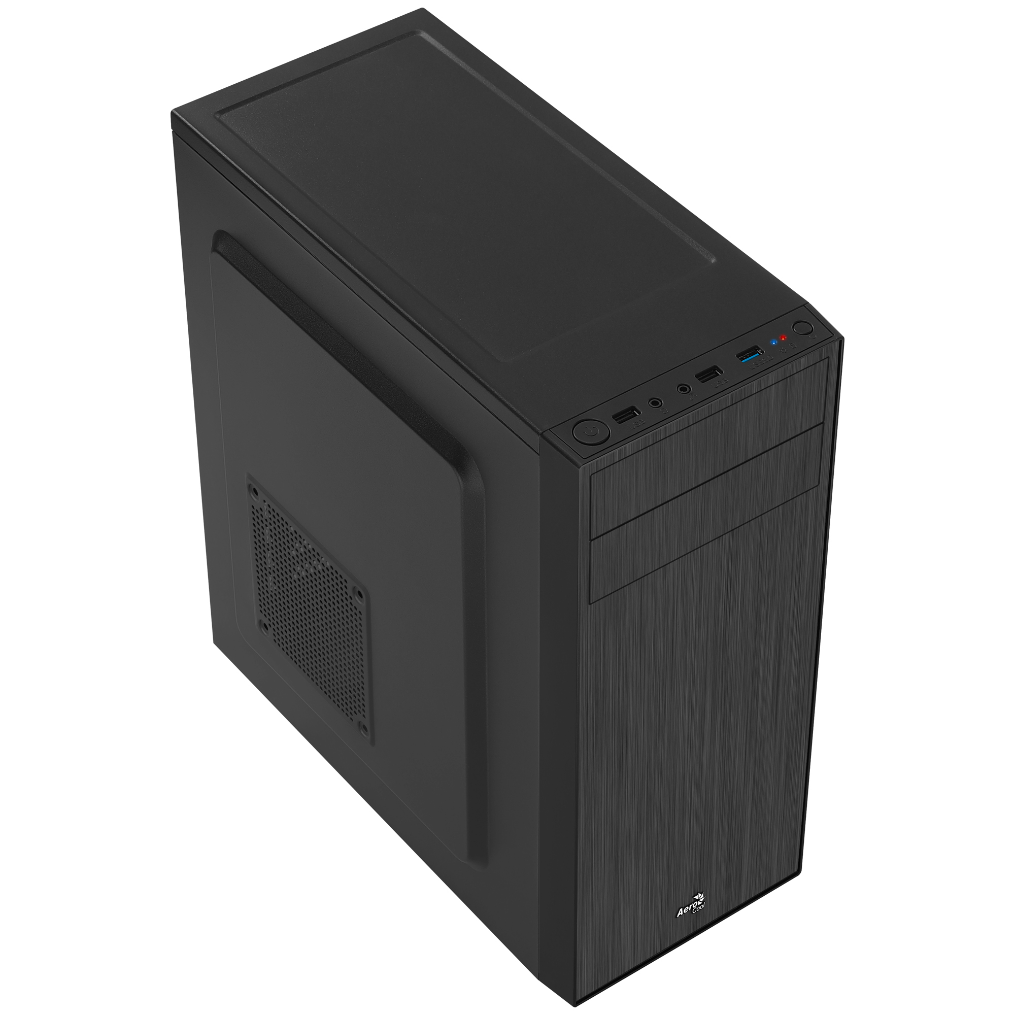 Zwarte computerkast, bovenaanzicht, met een getextureerd voorpaneel en een zijrooster.