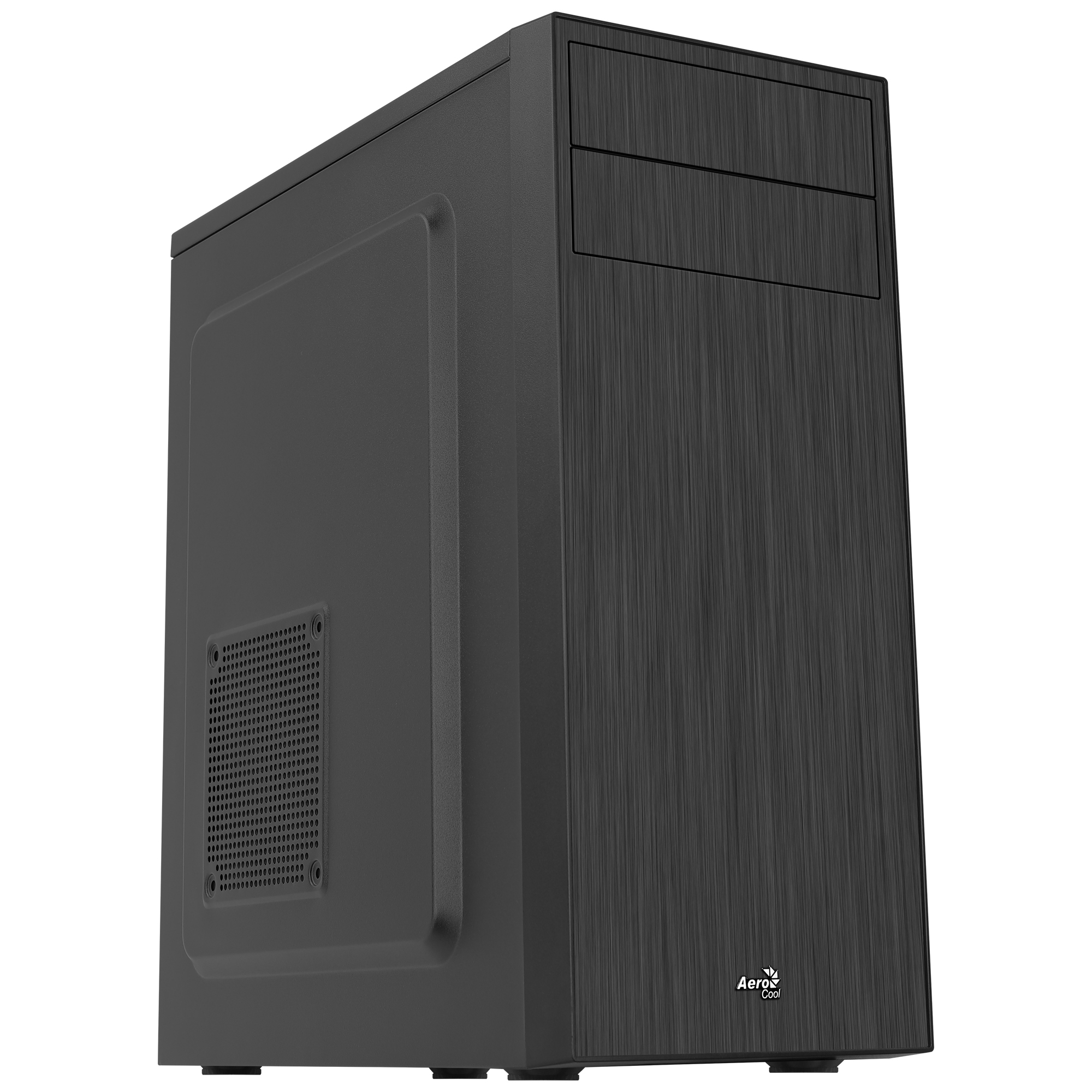 Zwarte computerkast, de voorkant met een getextureerd oppervlak en een ventilatieopening onderaan.