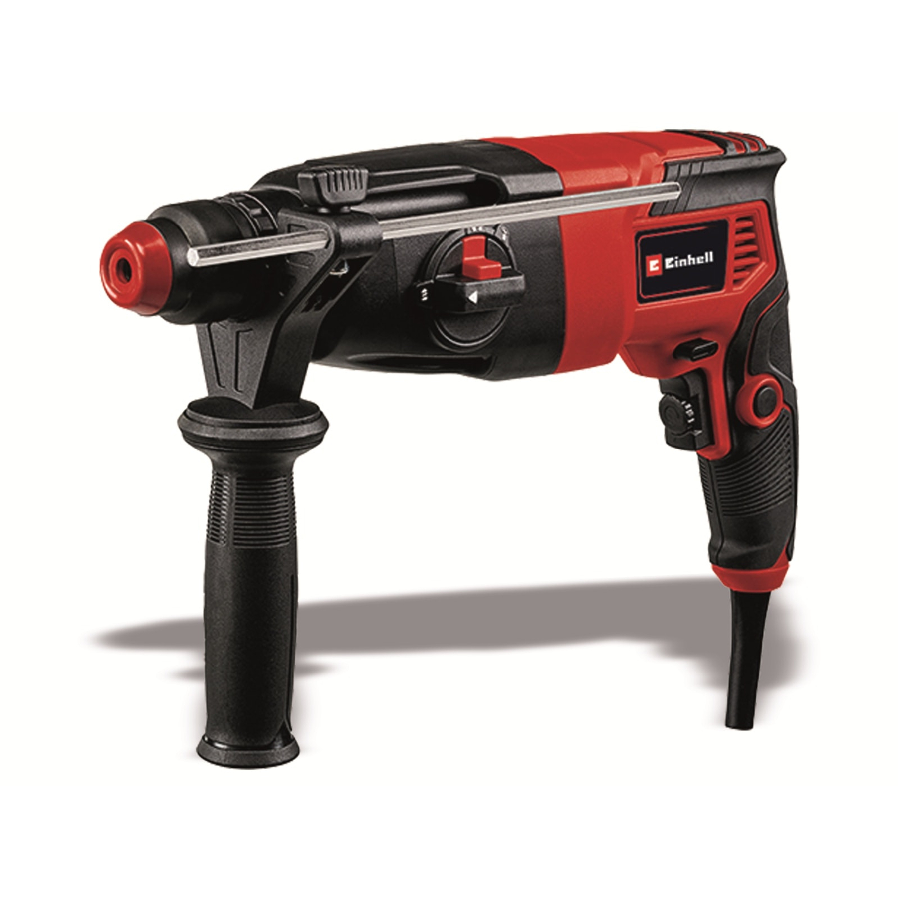 Un trapano a percussione rosso e nero con maniglia, su sfondo bianco. Presenta il logo 'Einhell'.
