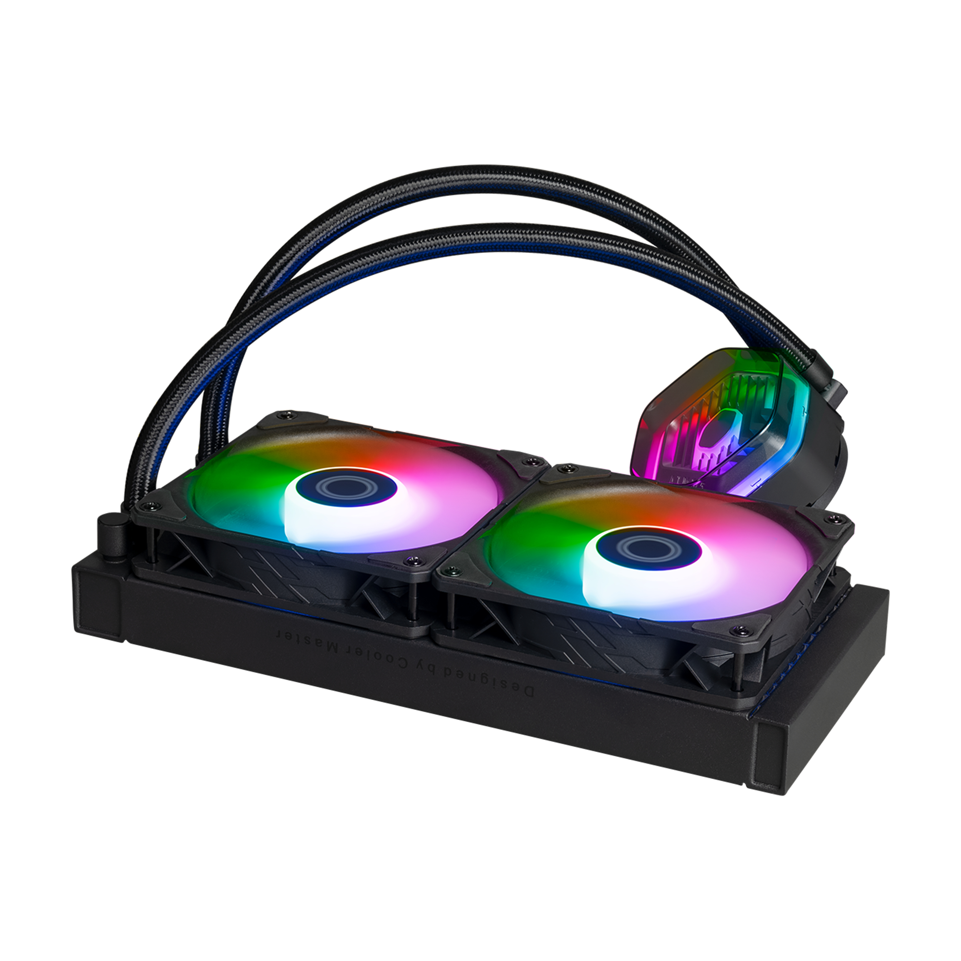 Enfriador líquido de CPU con dos ventiladores, iluminación arcoíris y base negra, sobre fondo blanco.