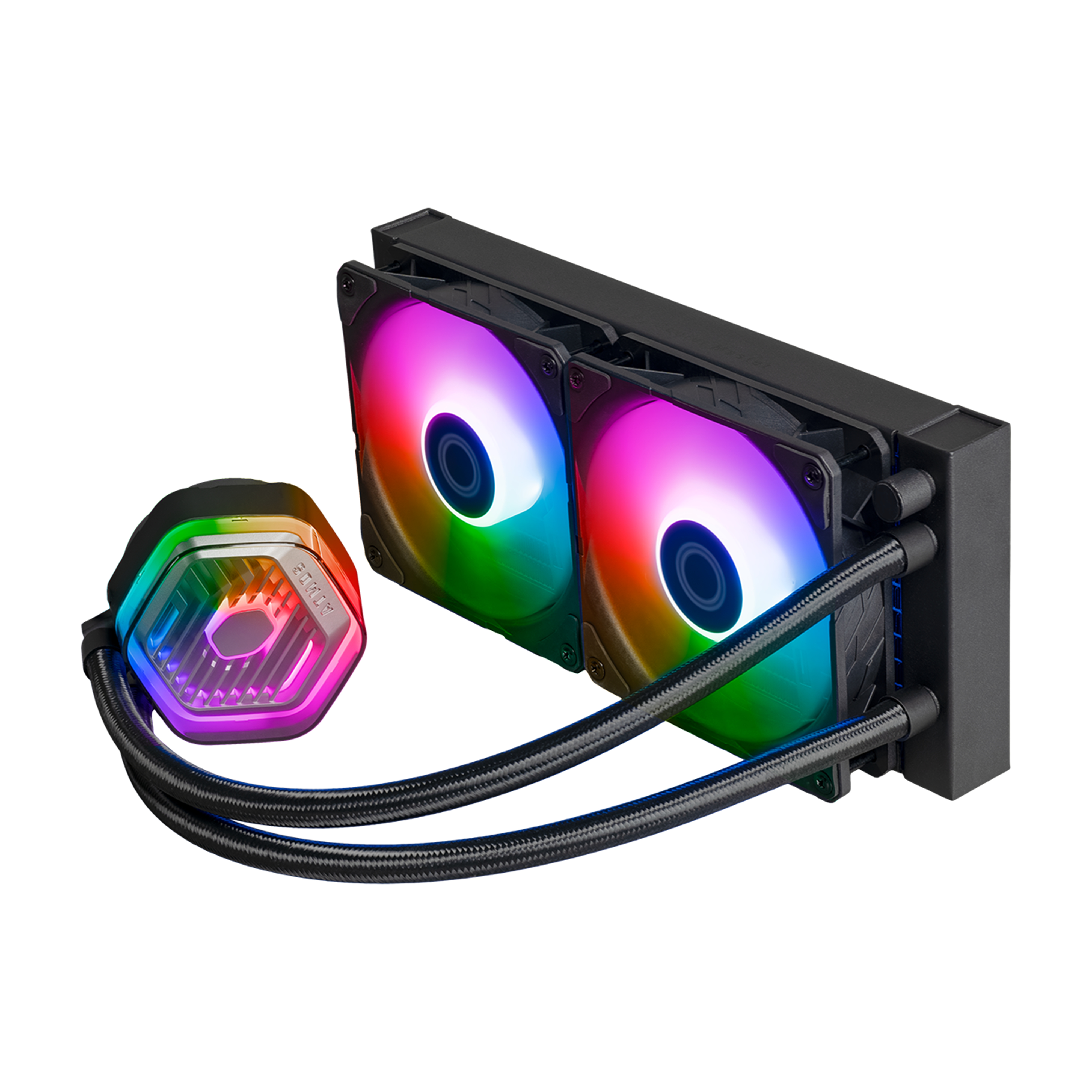 Enfriador líquido AIO con dos ventiladores y un bloque de agua con luces multicolores.