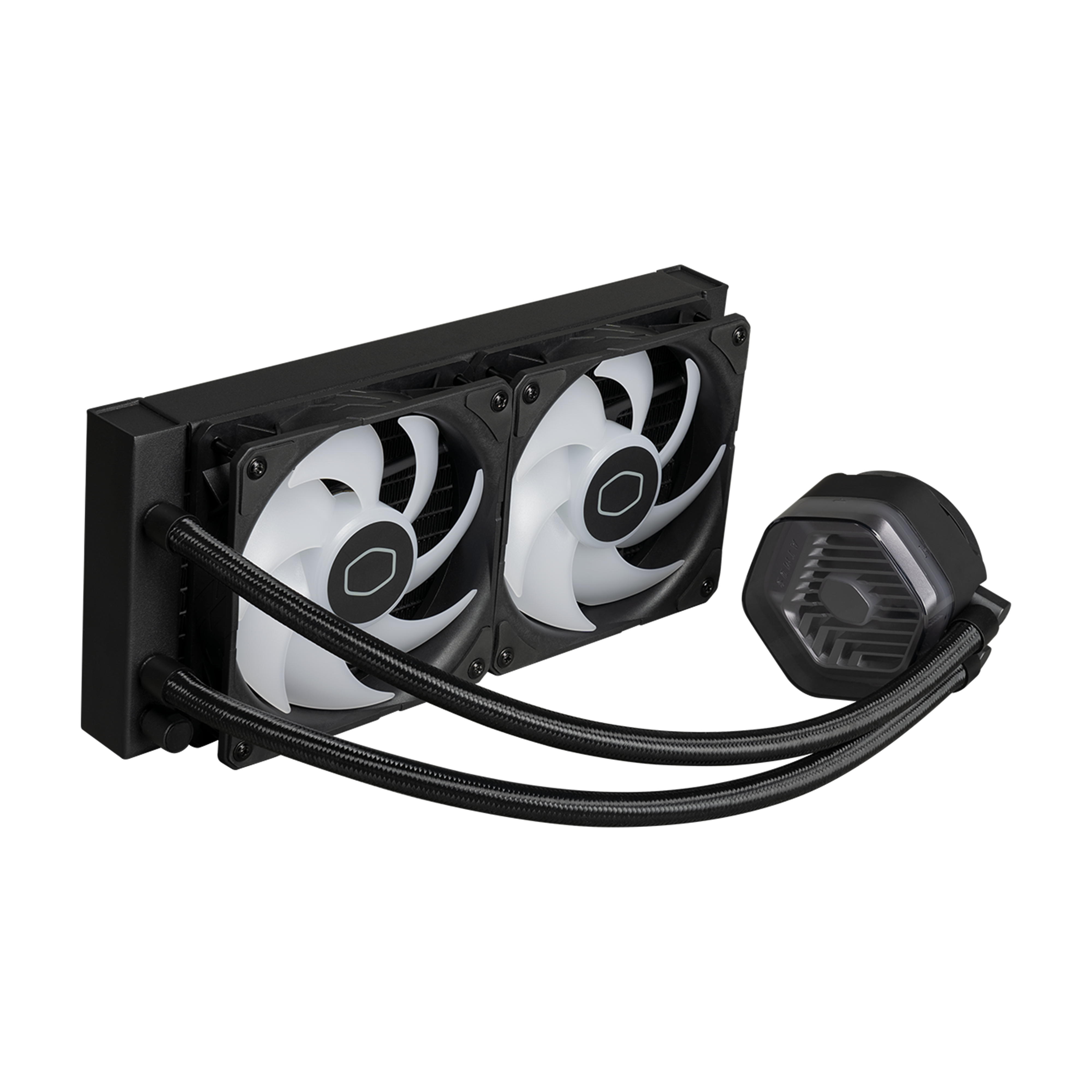 Enfriador líquido con dos ventiladores y bloque de agua, blanco y negro.