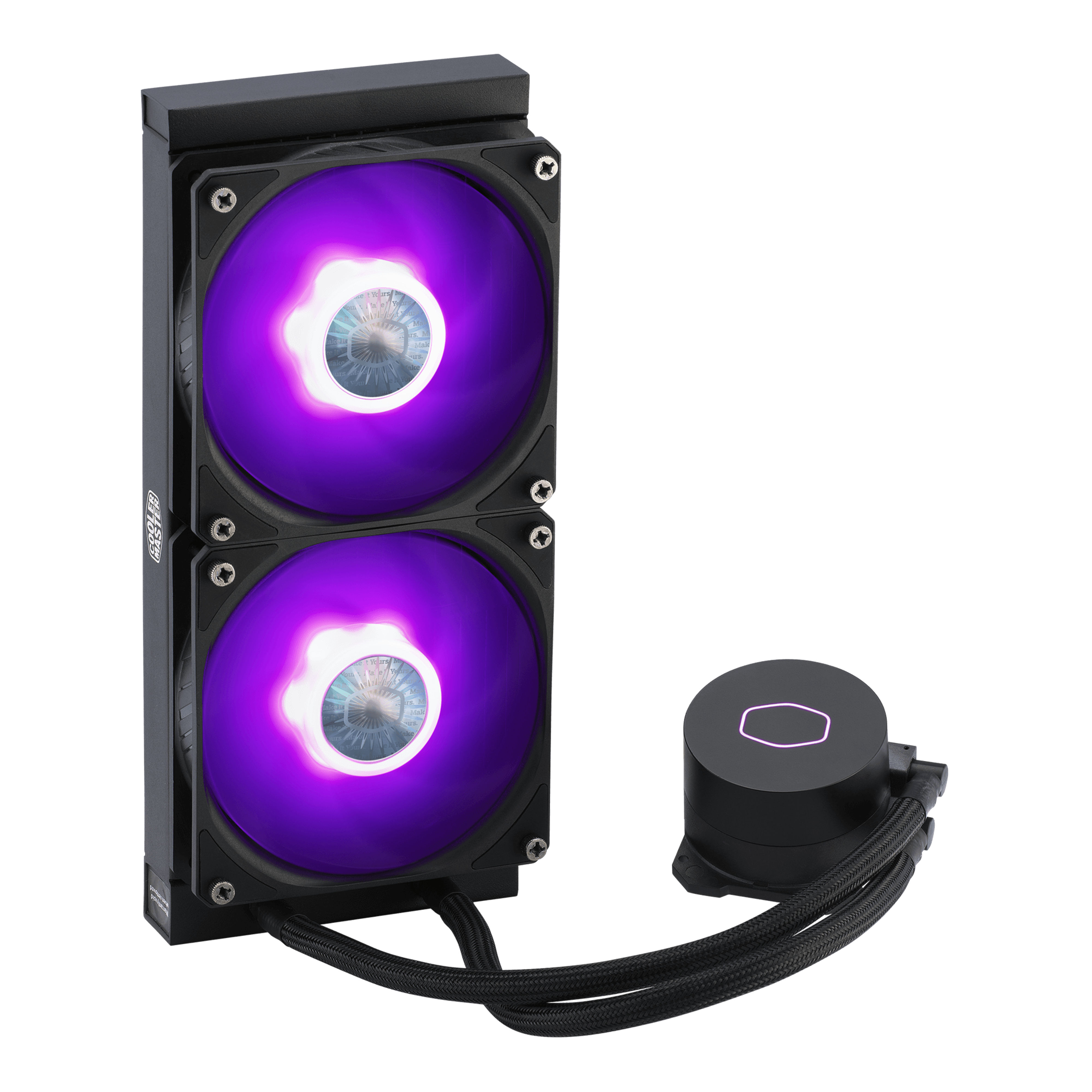 Un dissipatore per PC nero con due ventole, luce viola e una pompa nera.