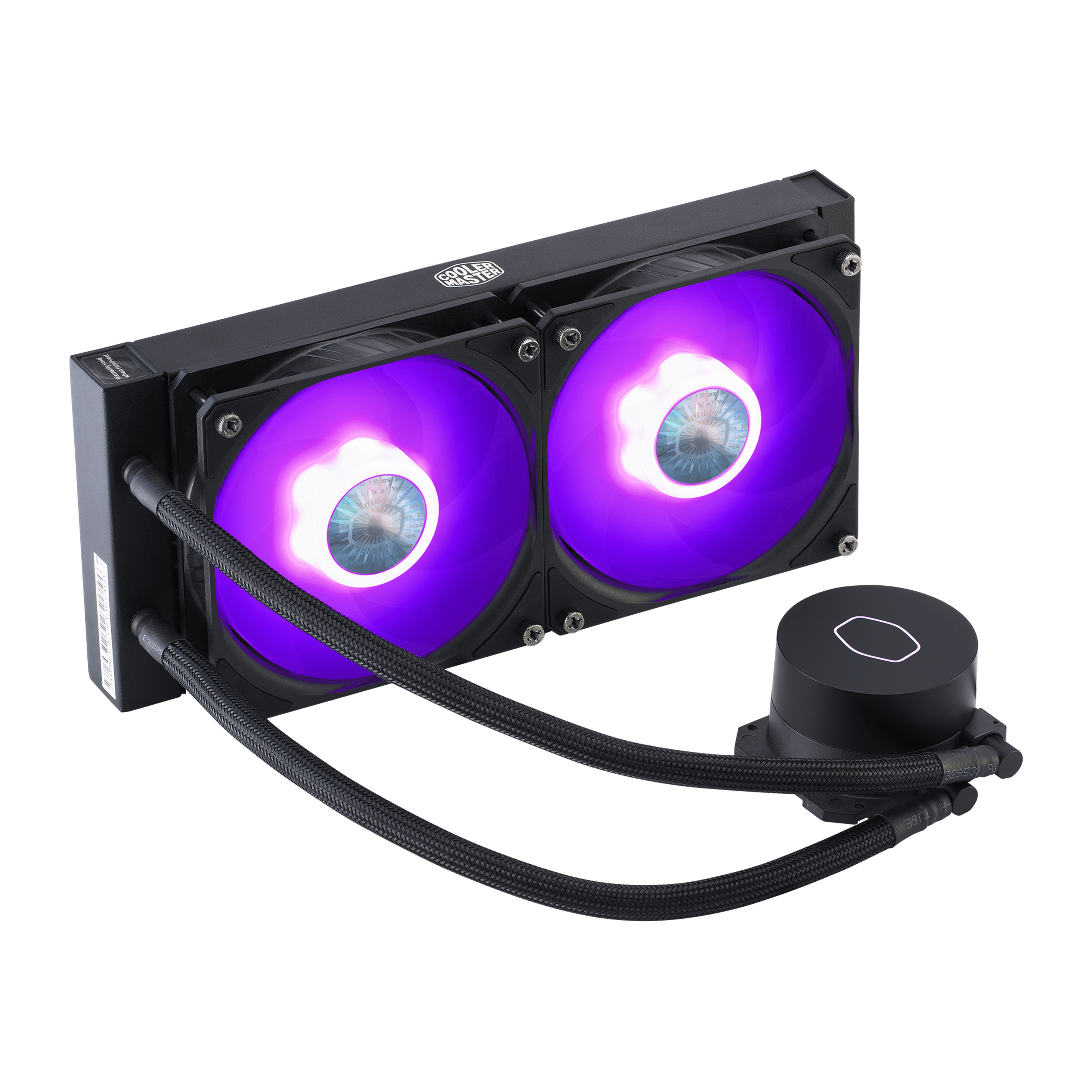 Dissipatore per PC nero con due ventole che emettono luce viola e tubi di collegamento.