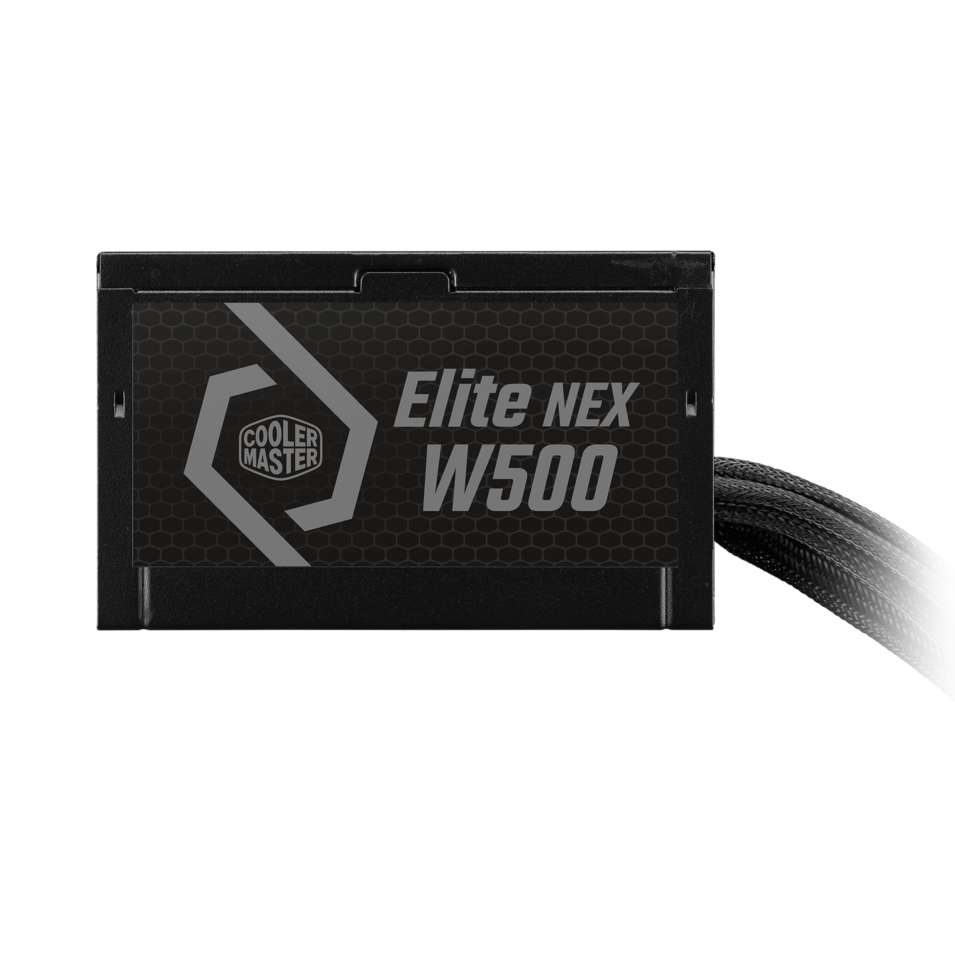 Een zwarte voeding met een Cooler Master-logo. De tekst Elite NEX W500 is zichtbaar.
