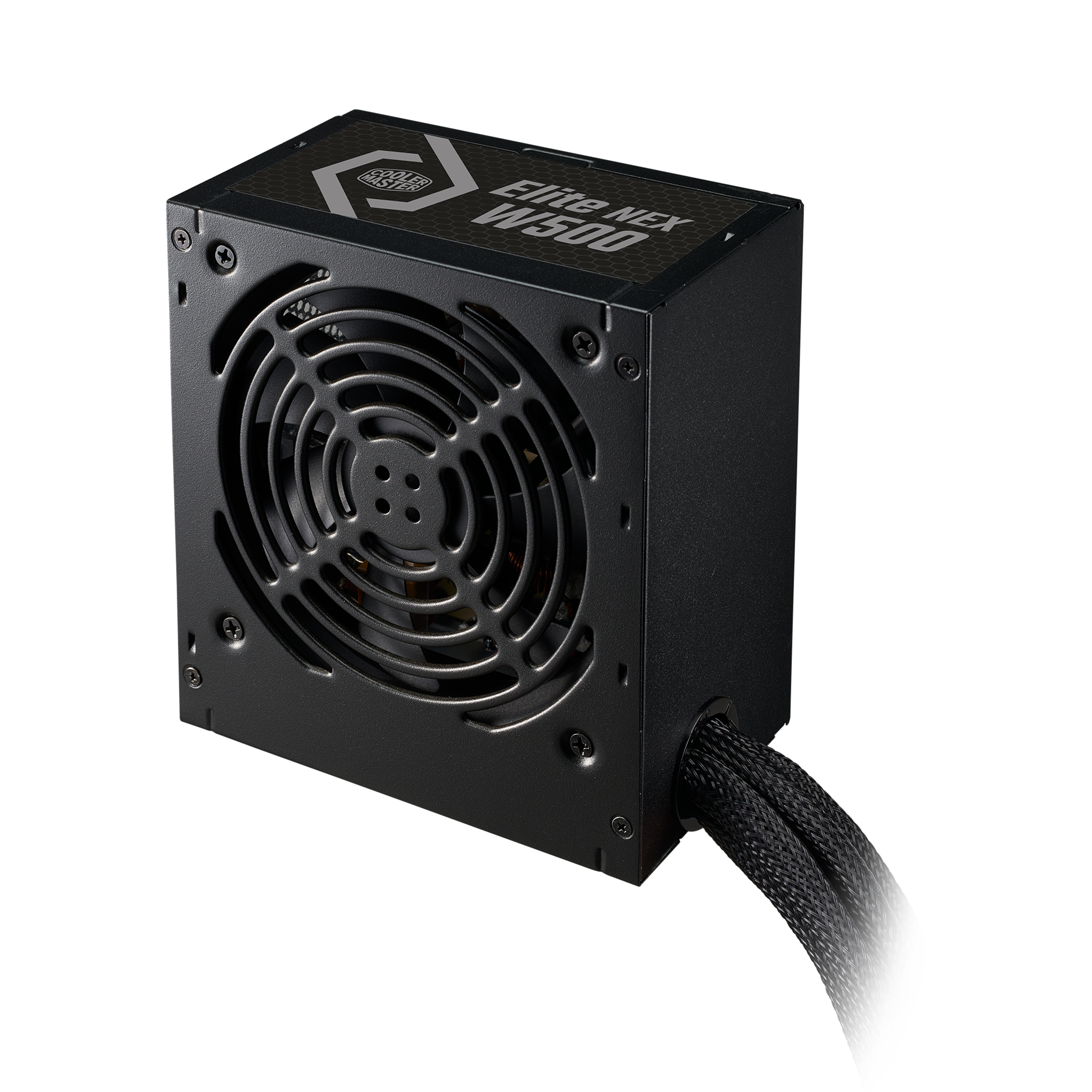 Zwarte voeding, zijaanzicht. Beschikt over een ventilatierooster en de woorden "Elite NEX W500".