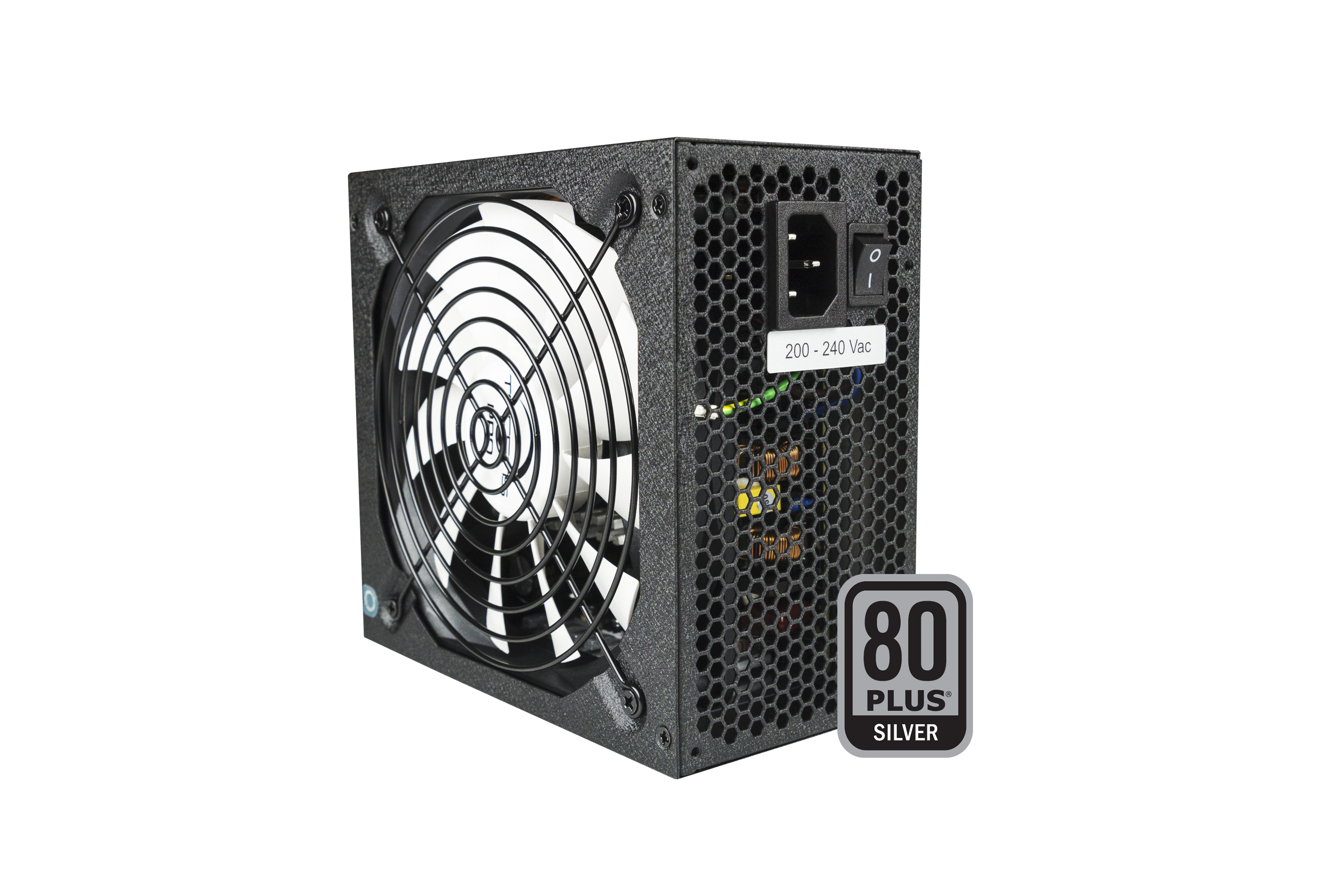 Una fuente de alimentación negra para computadora con ventilador, interruptor y distintivo 80 Plus Silver.