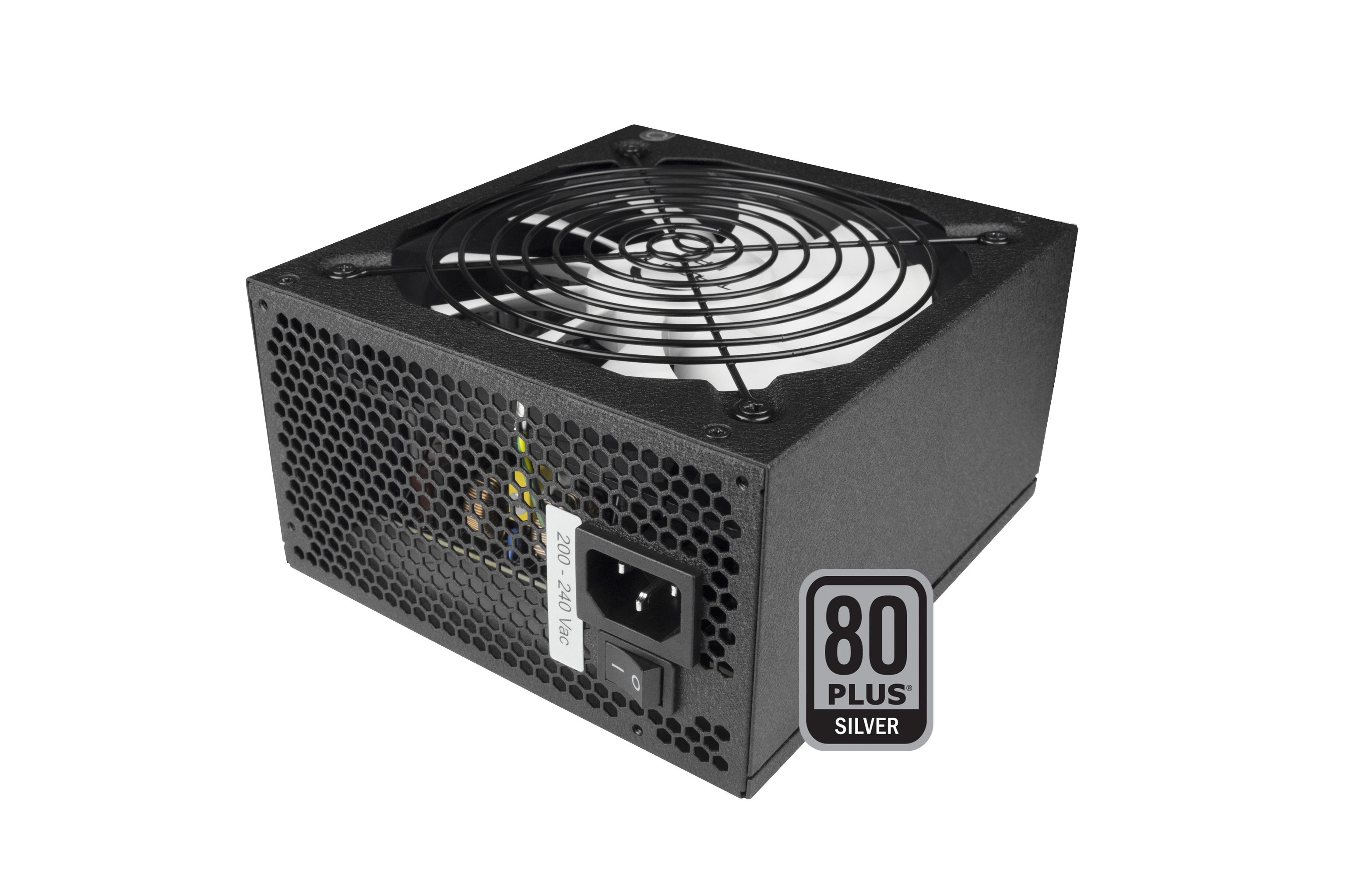 Una fuente de alimentación negra para computadora con ventilador, insignia 80 PLUS Silver y entrada de CA.