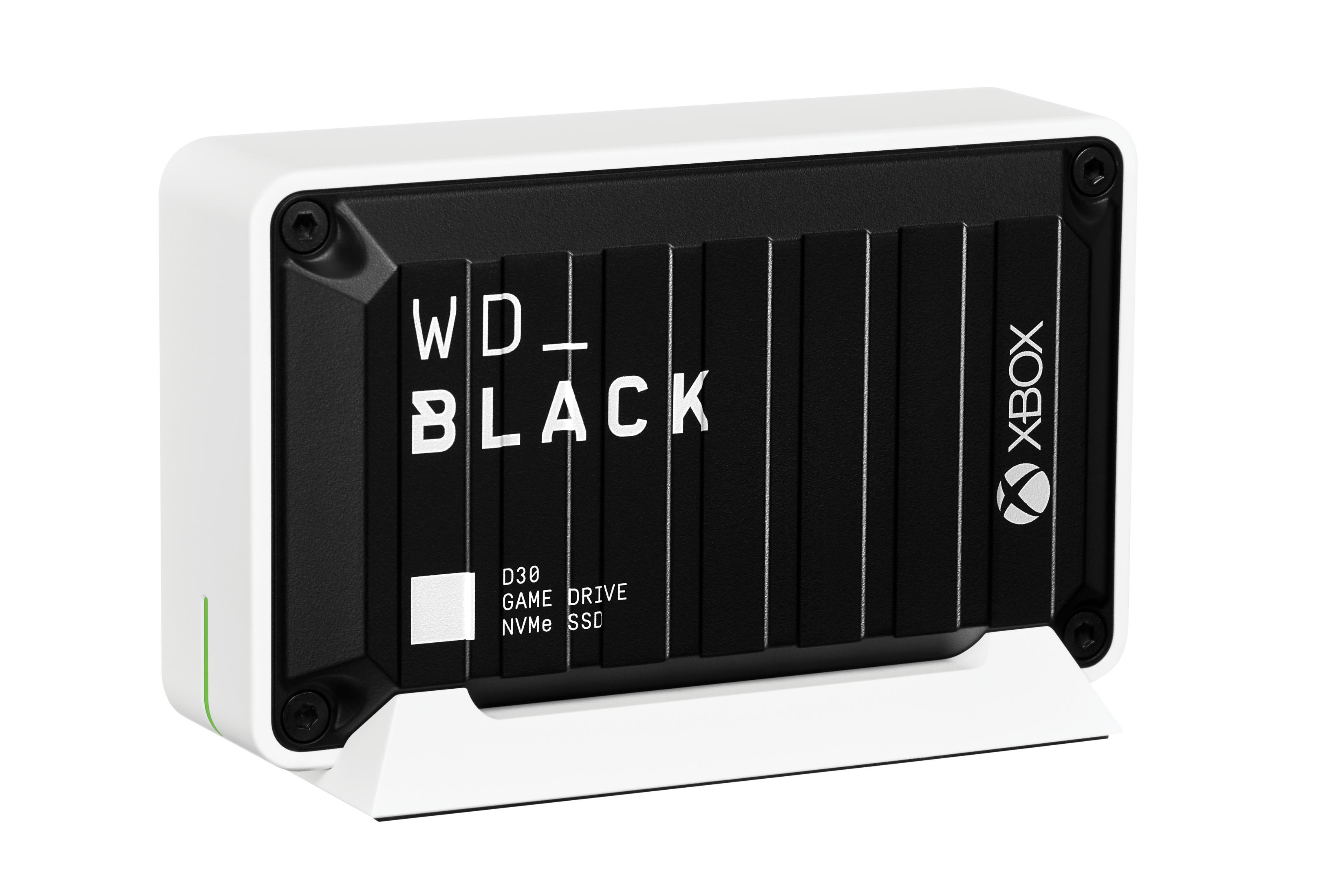 WD_BLACK Xbox Game Drive. Vista angolata, nero e bianco con supporto.