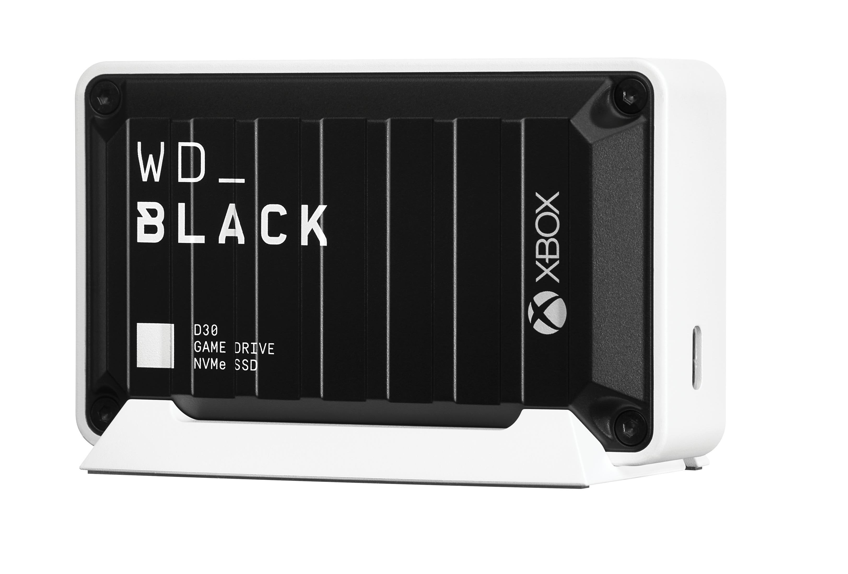 WD_BLACK Xbox Game Drive. Vista angolata, nero e bianco con supporto.