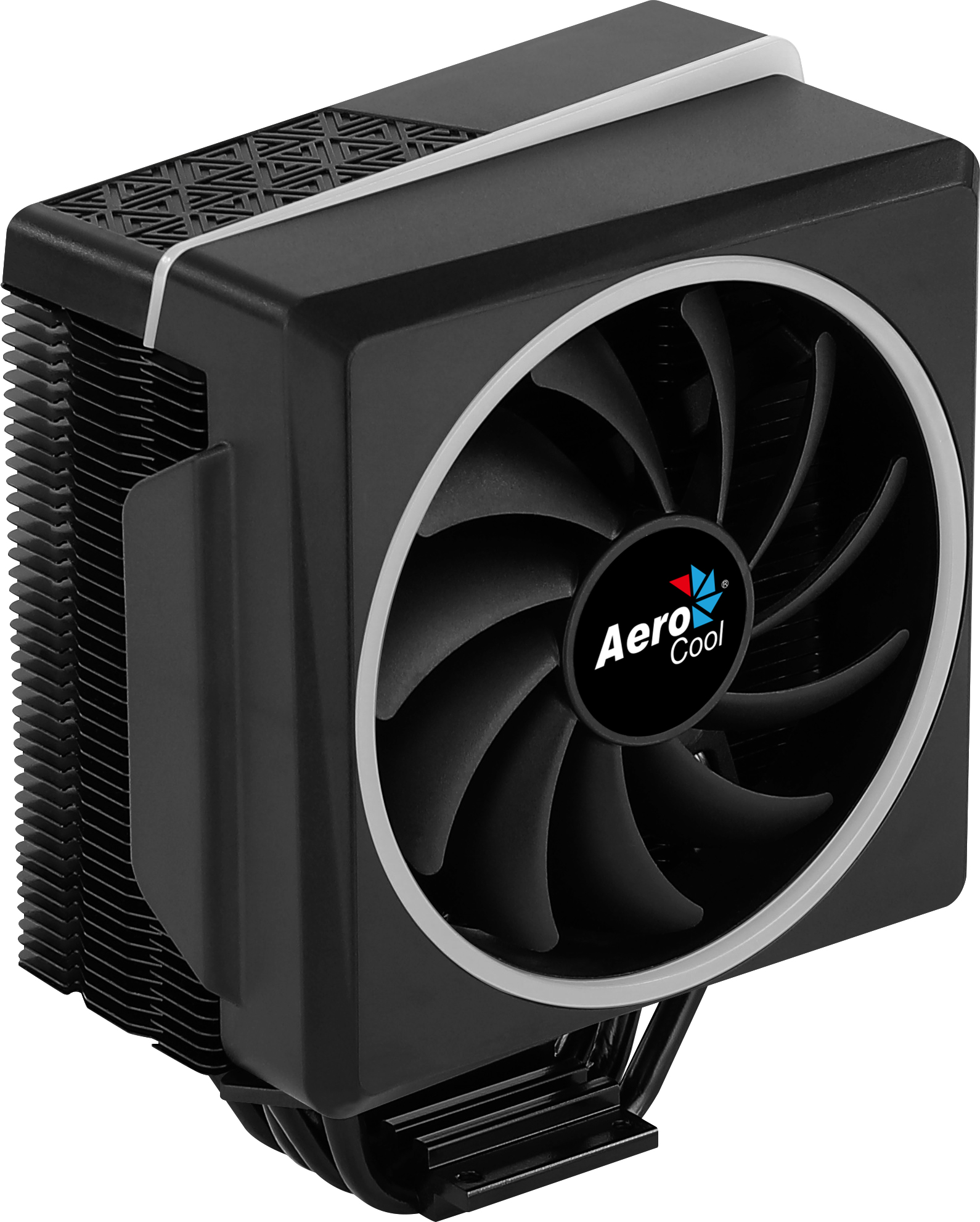 Schwarzer CPU-Kühler mit Lüfter, Lamellen und Heatpipes. Aerocool-Logo.