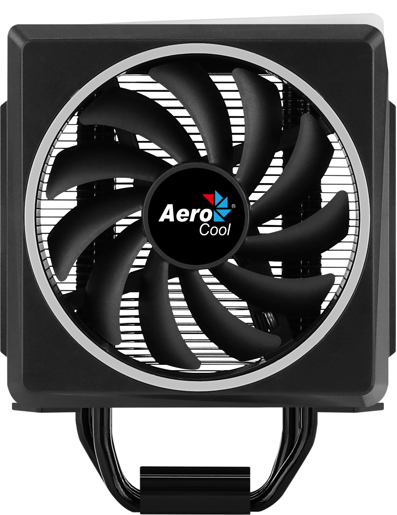 Schwarzer Computerlüfter mit weißem Rand und AeroCool-Logo.