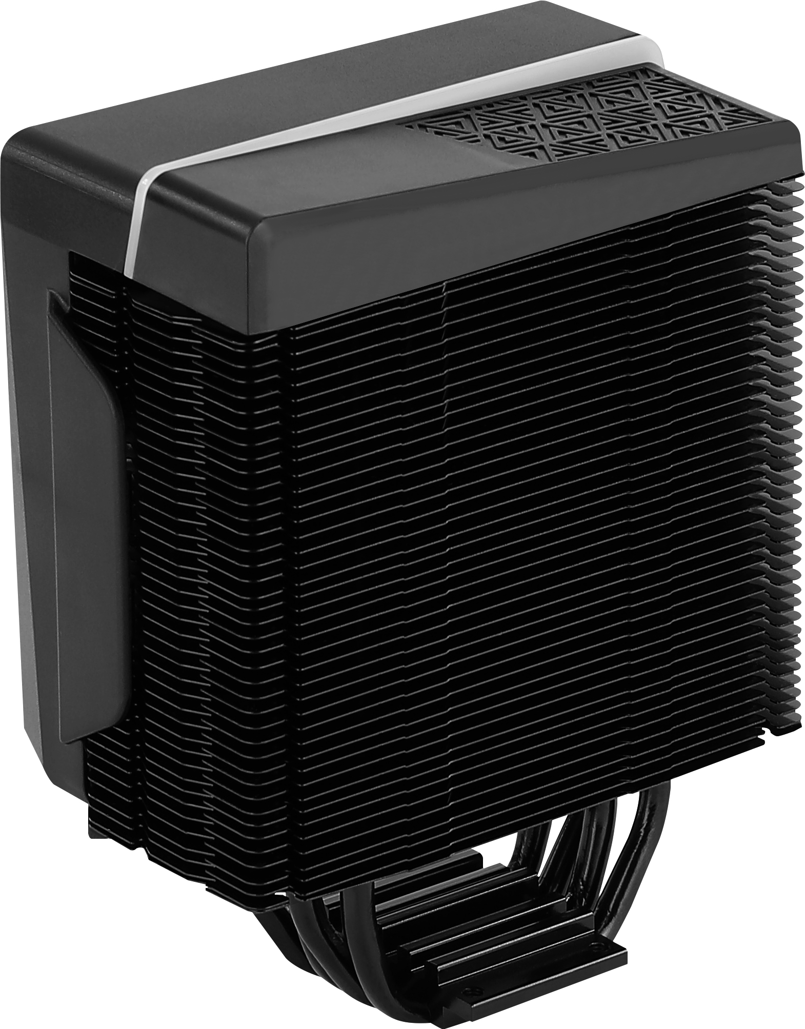 Schwarzer CPU-Kühler mit Kühlkörper und Lüfter.