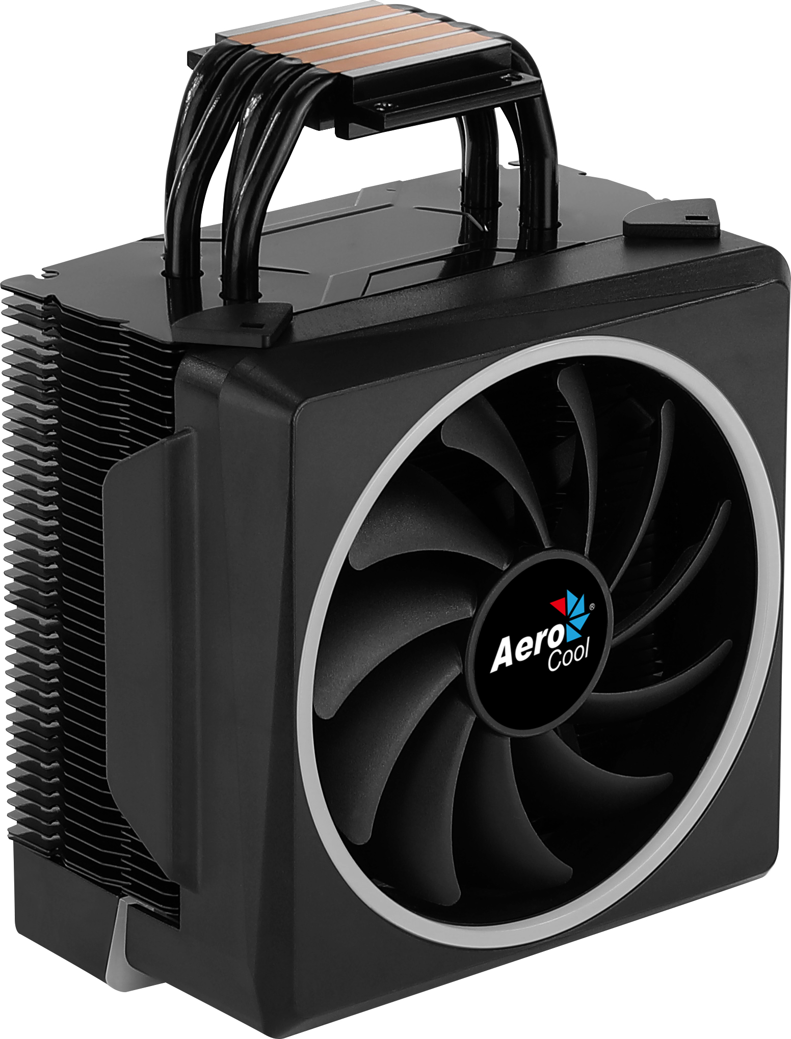 Schwarzer AeroCool CPU-Kühler mit großem Lüfter, Kühlkörper und vier Heatpipes.