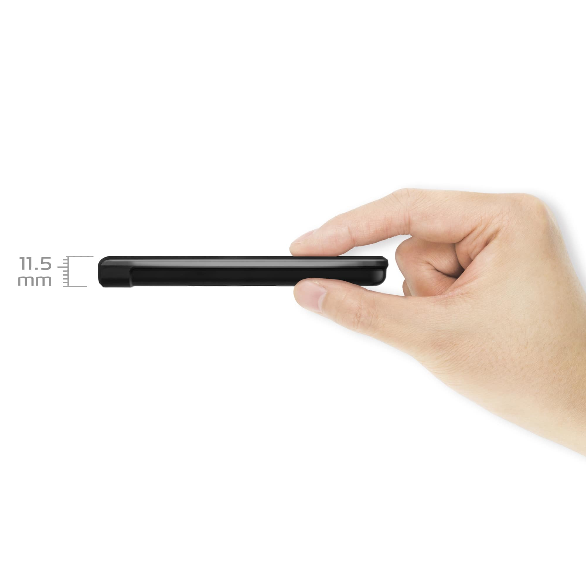 Dłoń trzymająca czarne urządzenie, pokazująca jego grubość 11,5 mm.