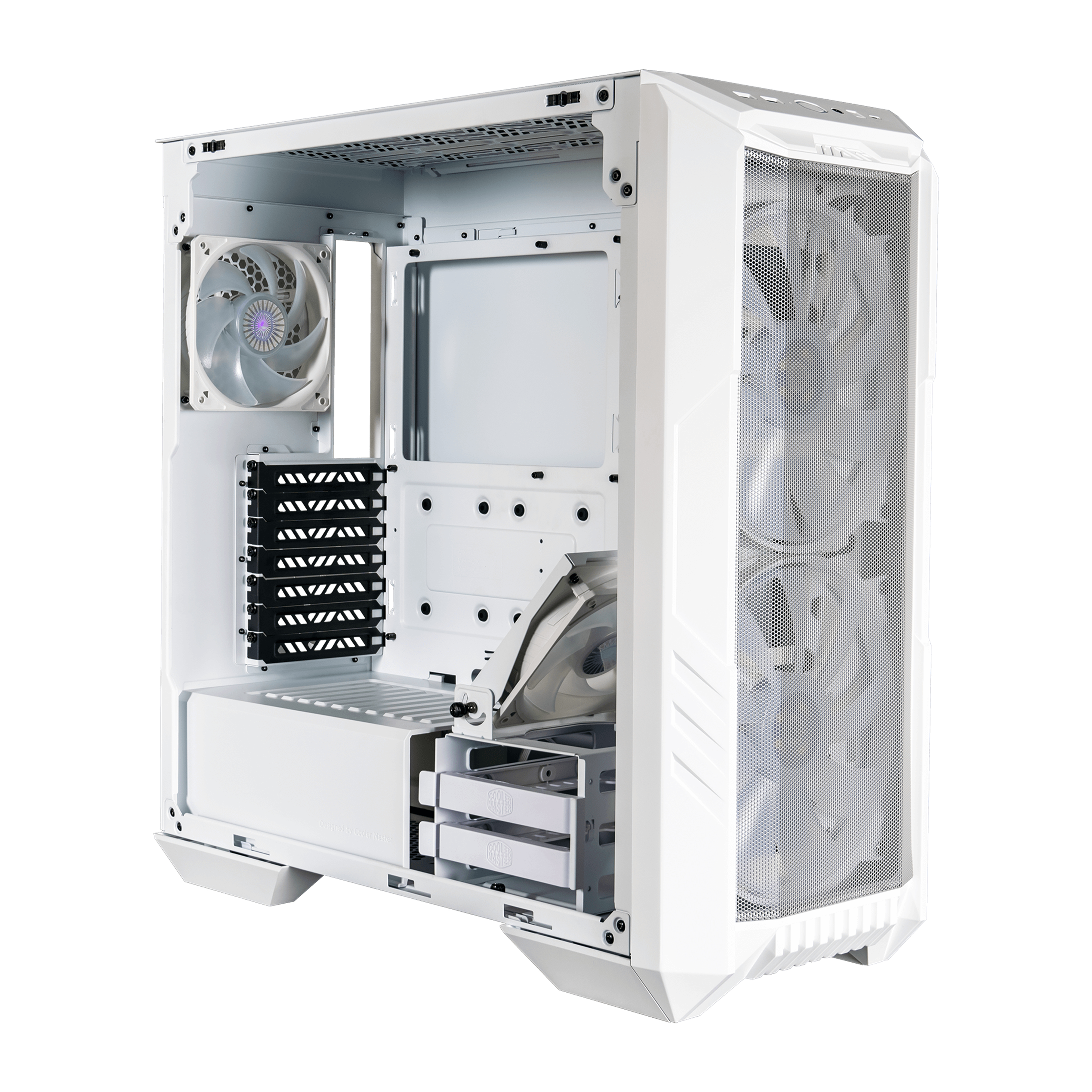 Case per computer bianco con lato aperto, mostra componenti interni e ventola. Pannello frontale a rete.