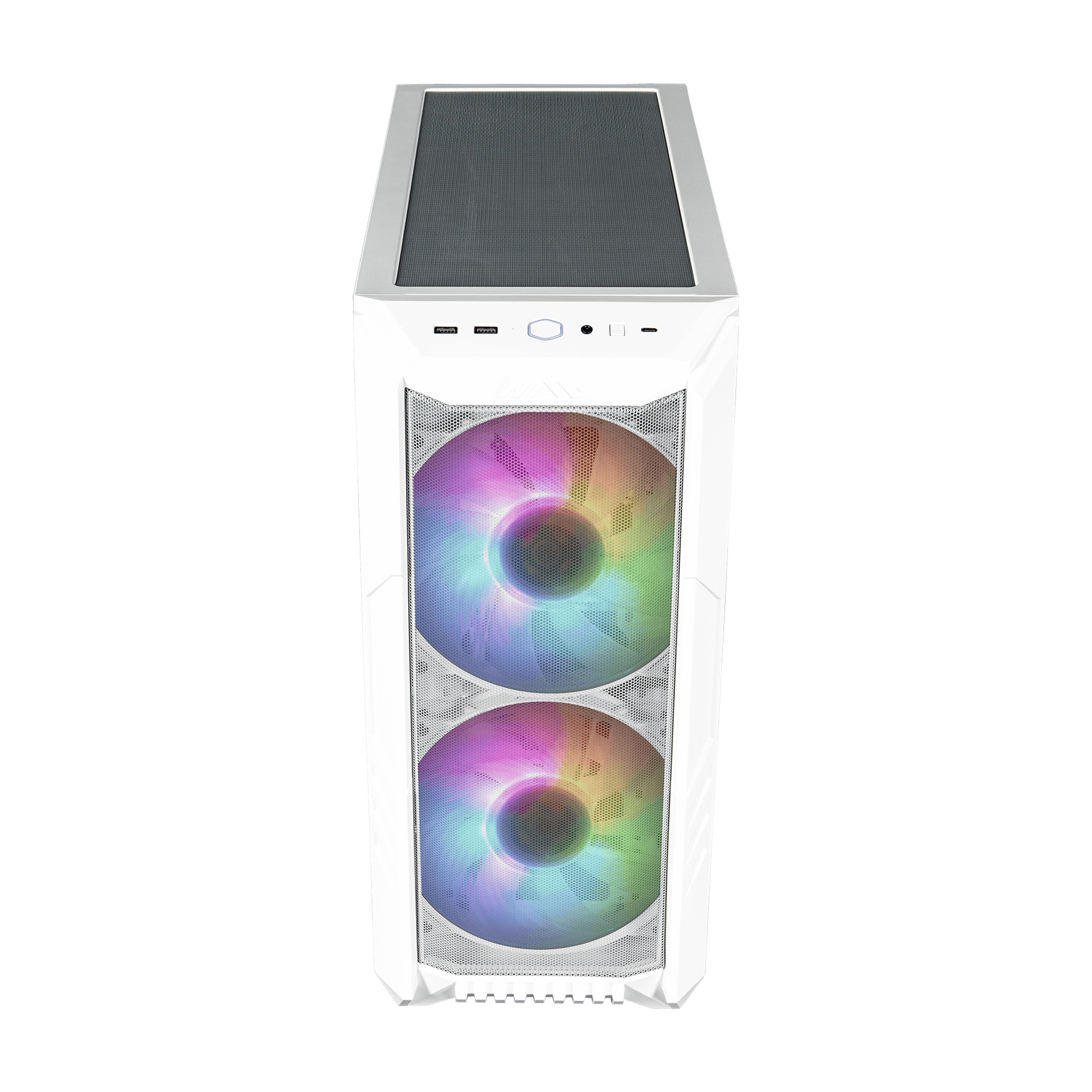 Case per computer bianco con ventole RGB visibili. Parte superiore con porte. Lato con vetro.