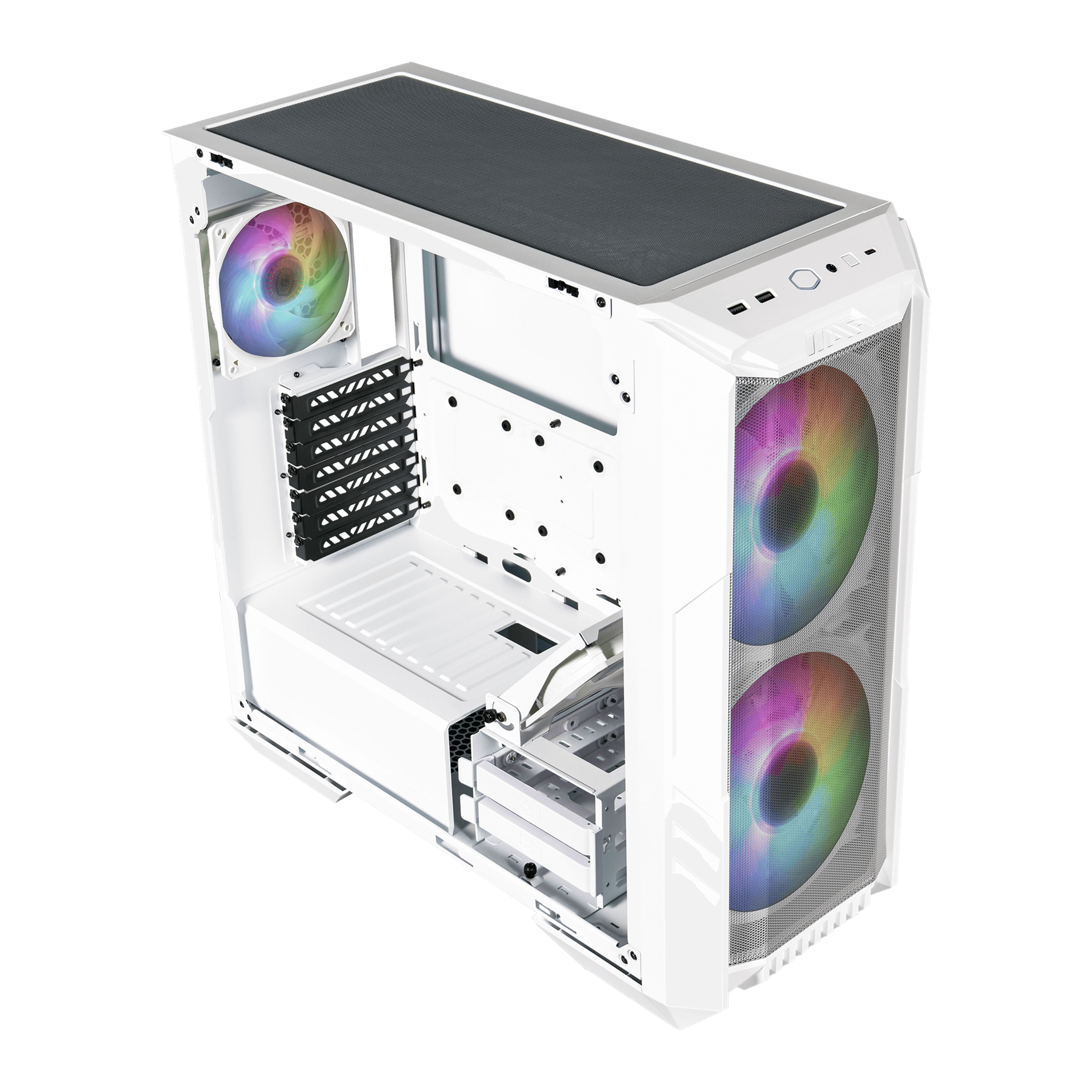 Case per computer bianco aperto con ventole colorate e componenti interni visibili.